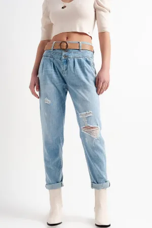 Jean With Double Waistband In Blue With Rips