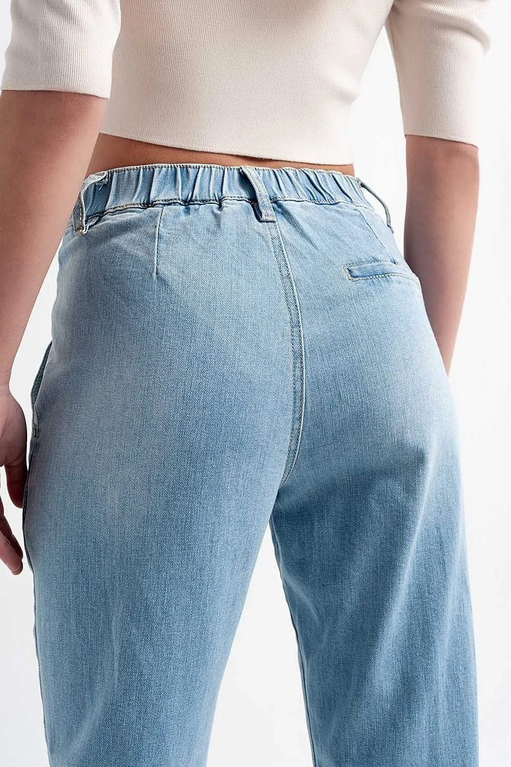 Jean With Double Waistband In Blue With Rips