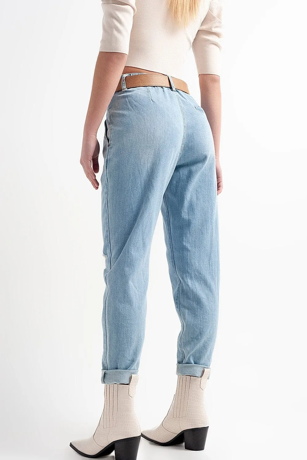Jean With Double Waistband In Blue With Rips