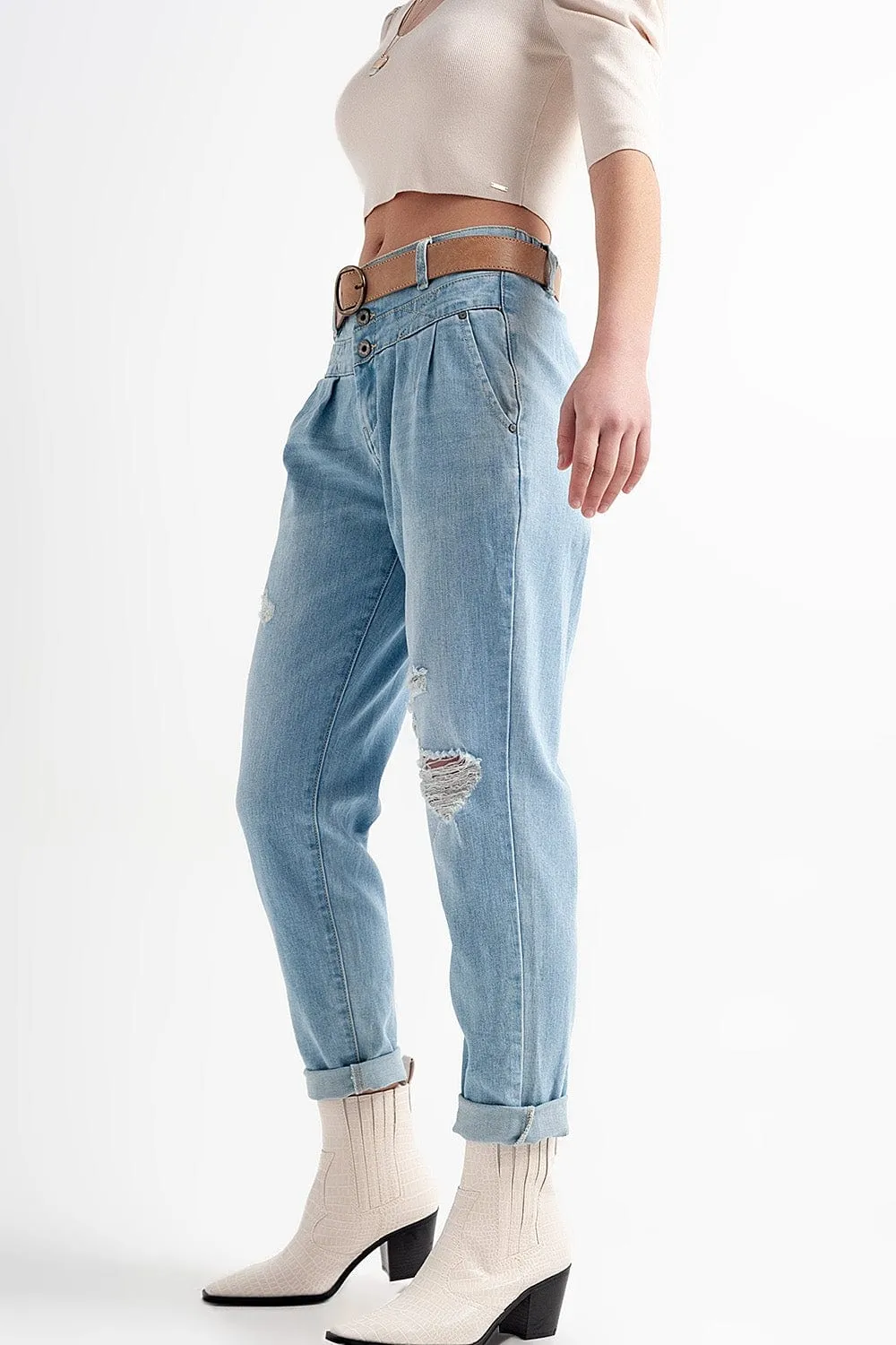 Jean With Double Waistband In Blue With Rips