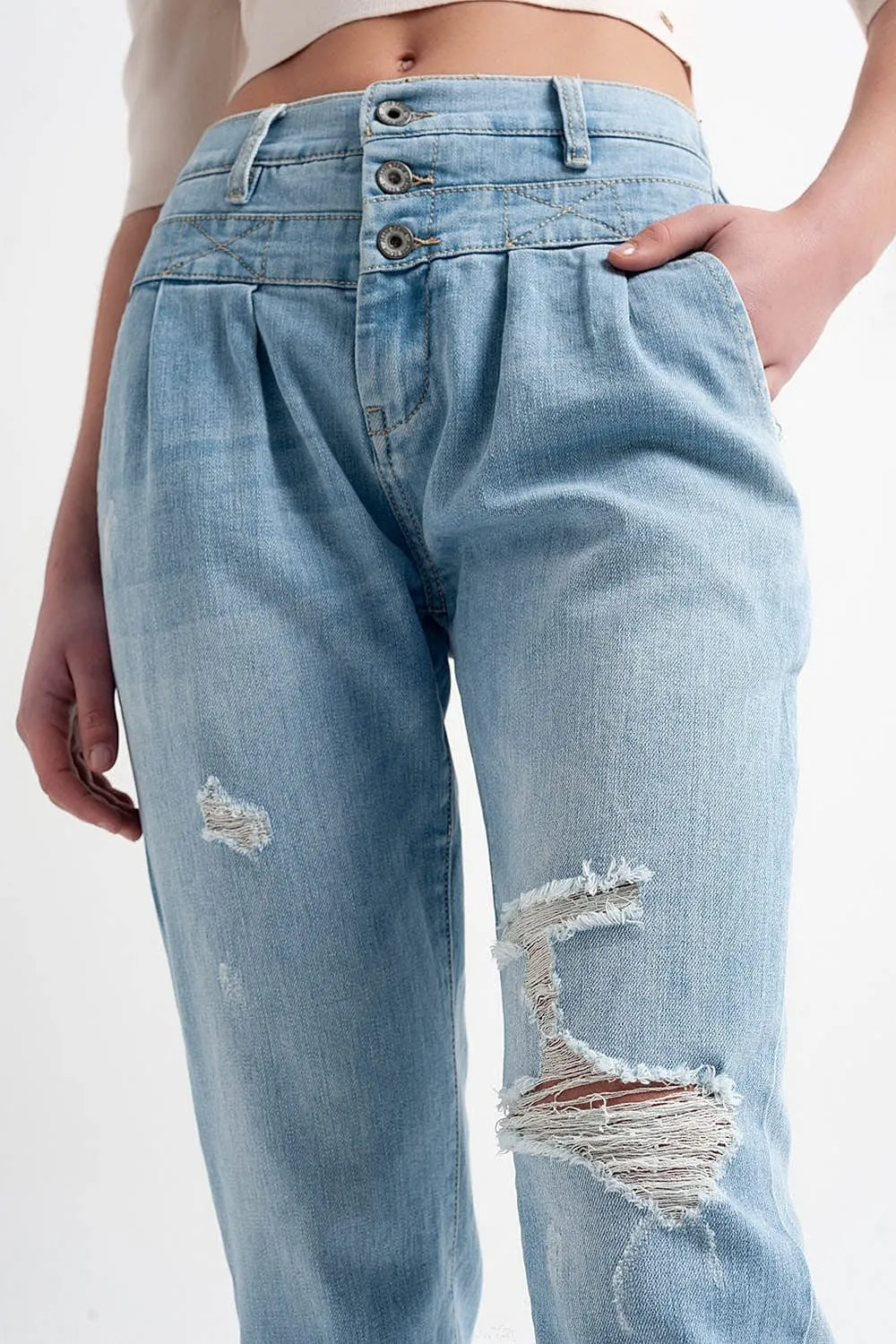 Jean With Double Waistband In Blue With Rips