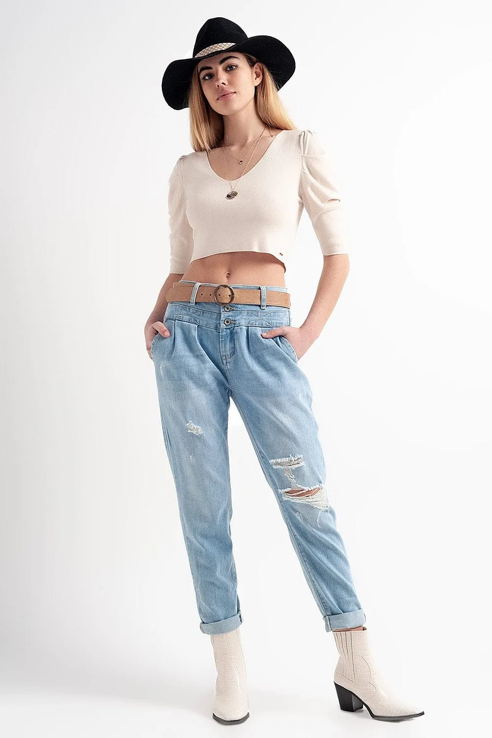 Jean With Double Waistband In Blue With Rips