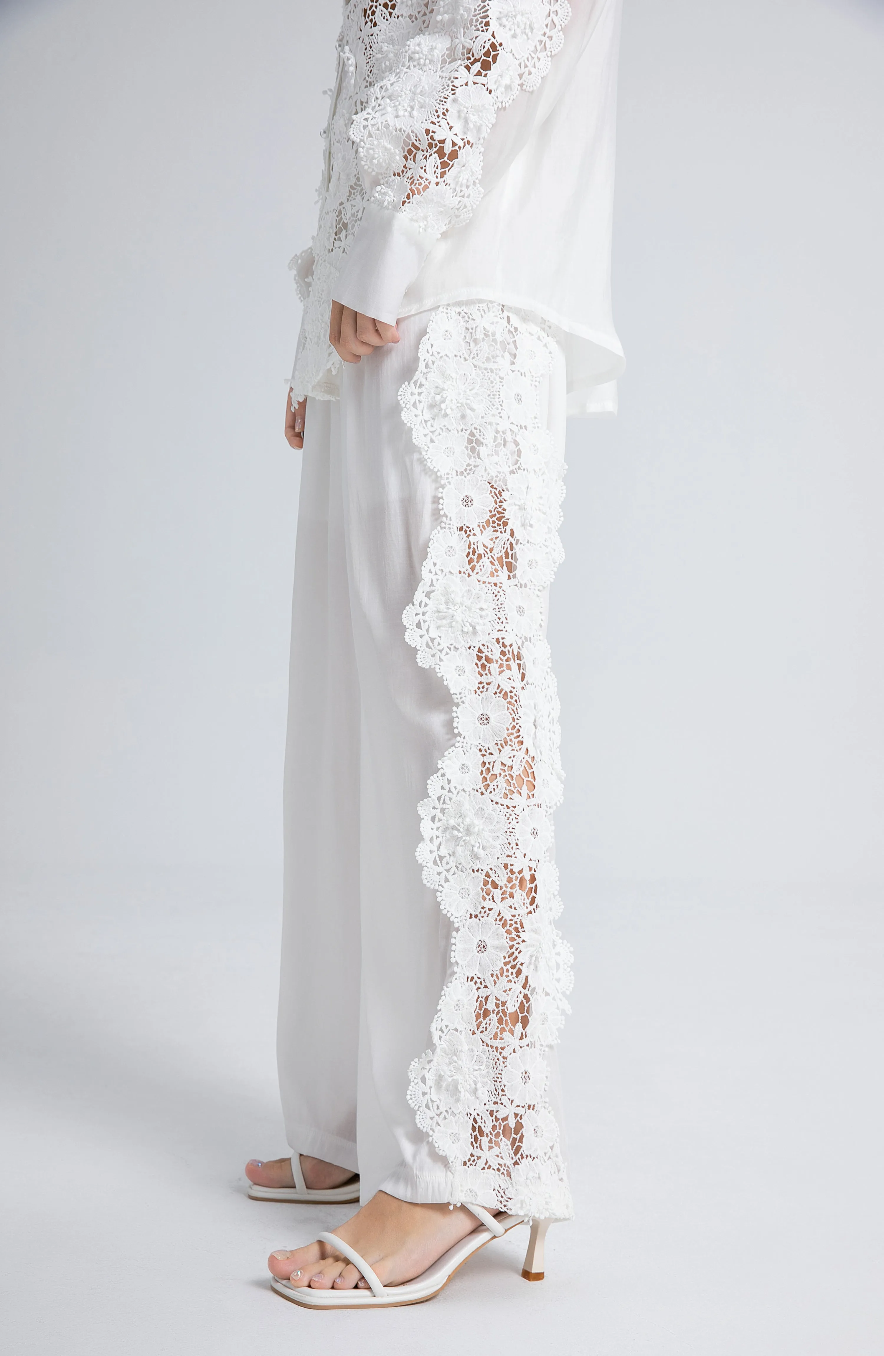 Lace Hollow Elastic Waist Shirt Pants Set