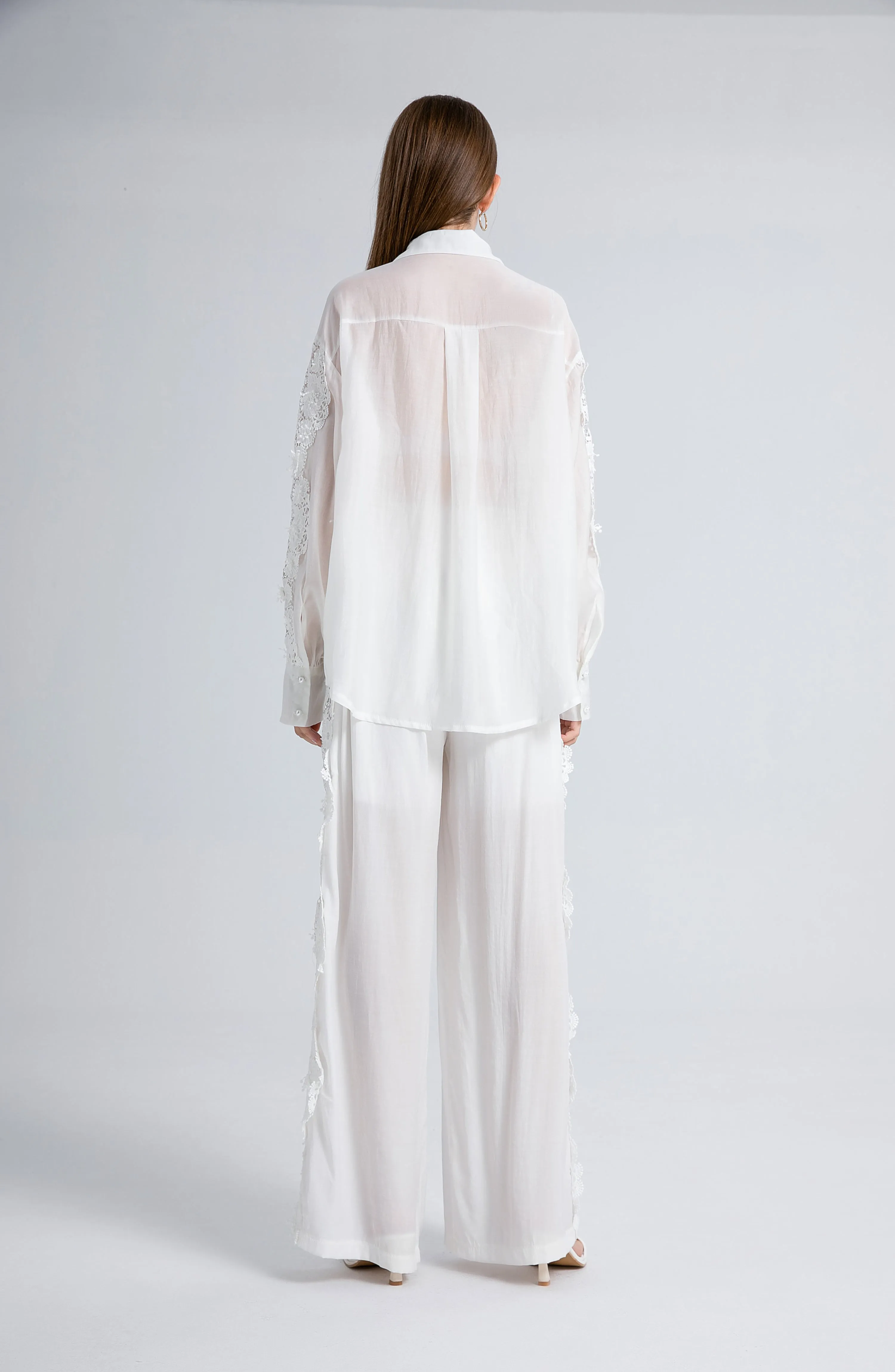Lace Hollow Elastic Waist Shirt Pants Set