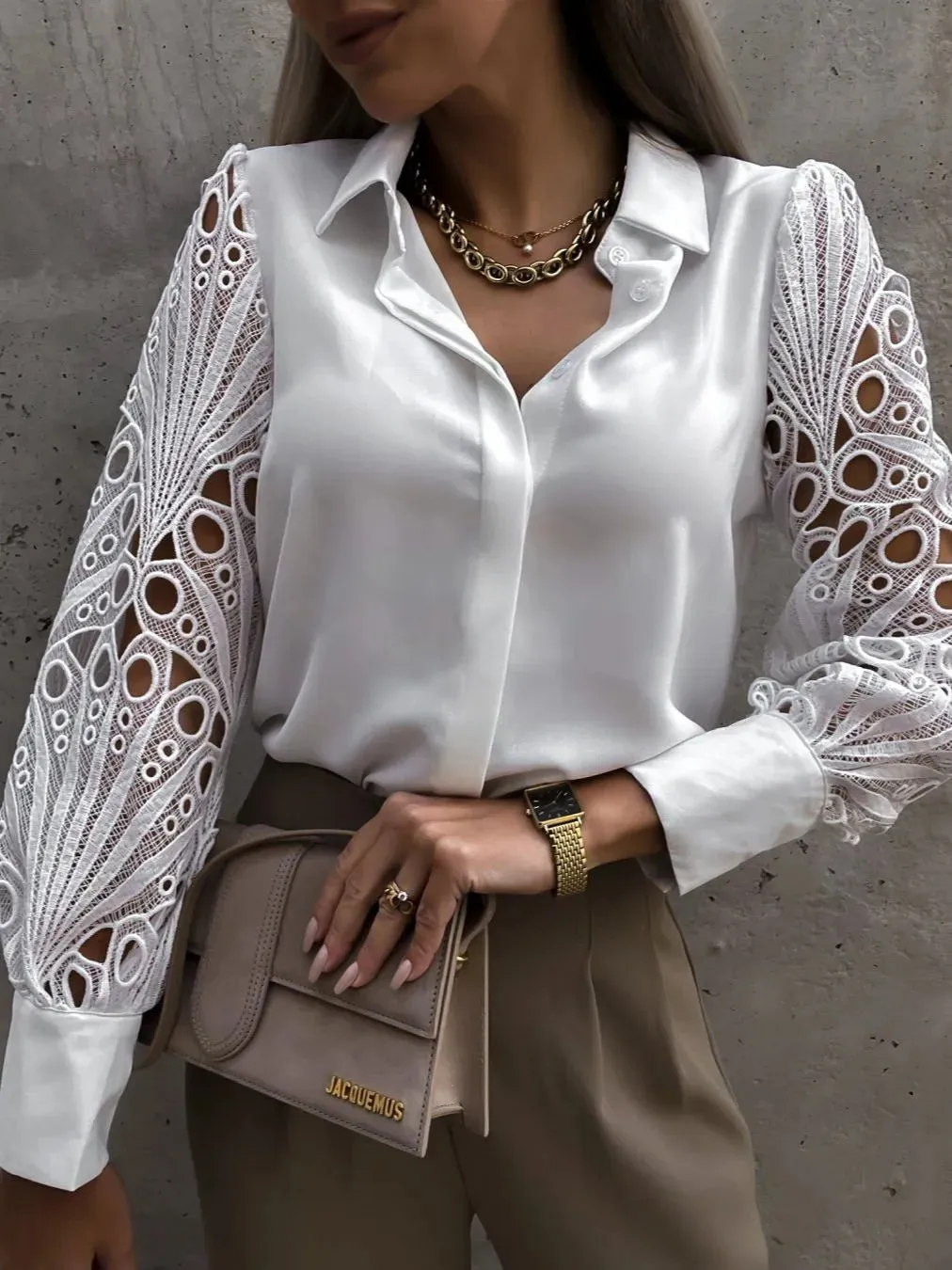 Lace Hollow Out Blouse Button Up Stylish Shirts Long Sleeve Mesh Design Tops