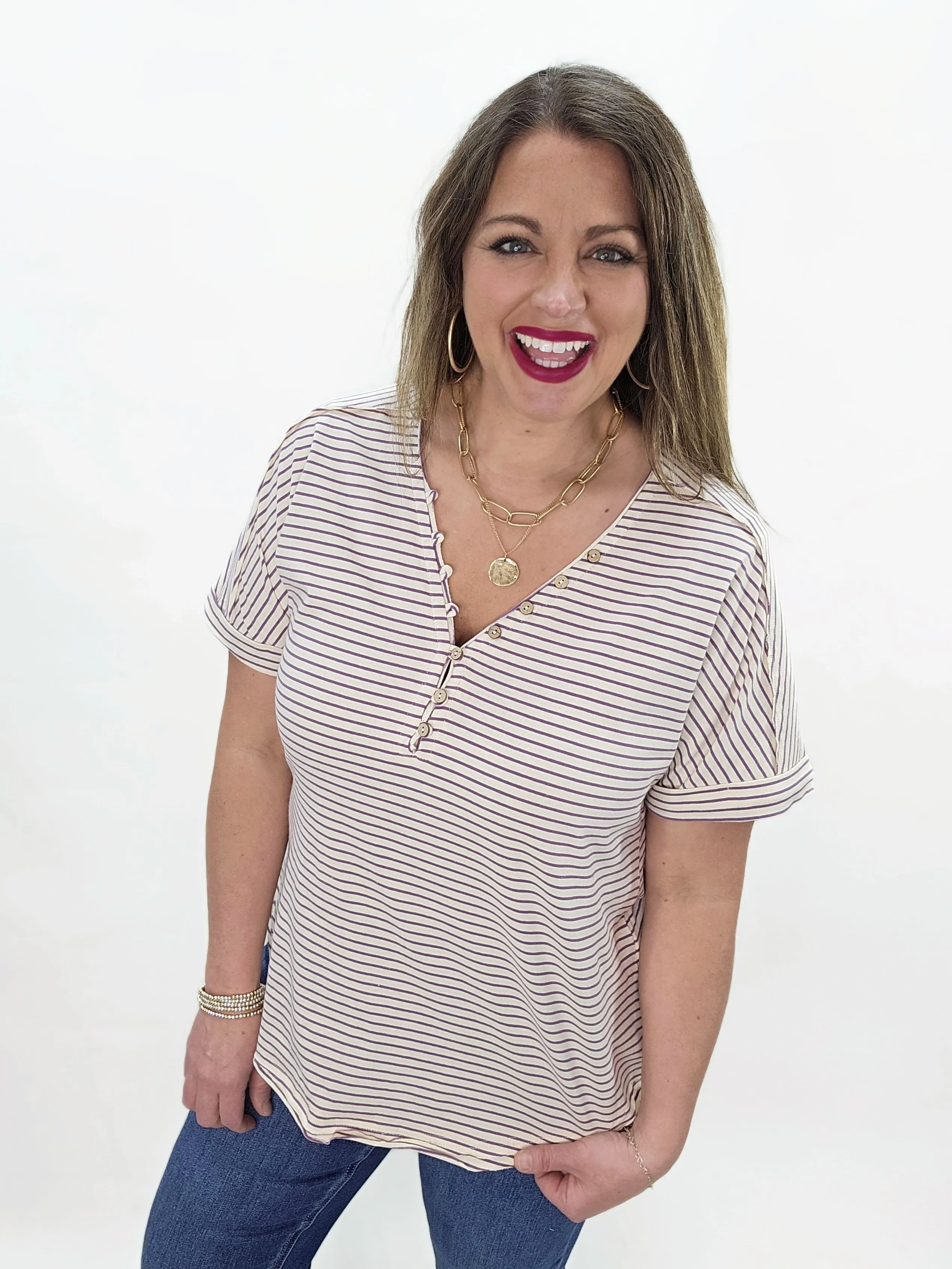 LAVENDER STRIPED V NECK BUTTON COTTON TOP
