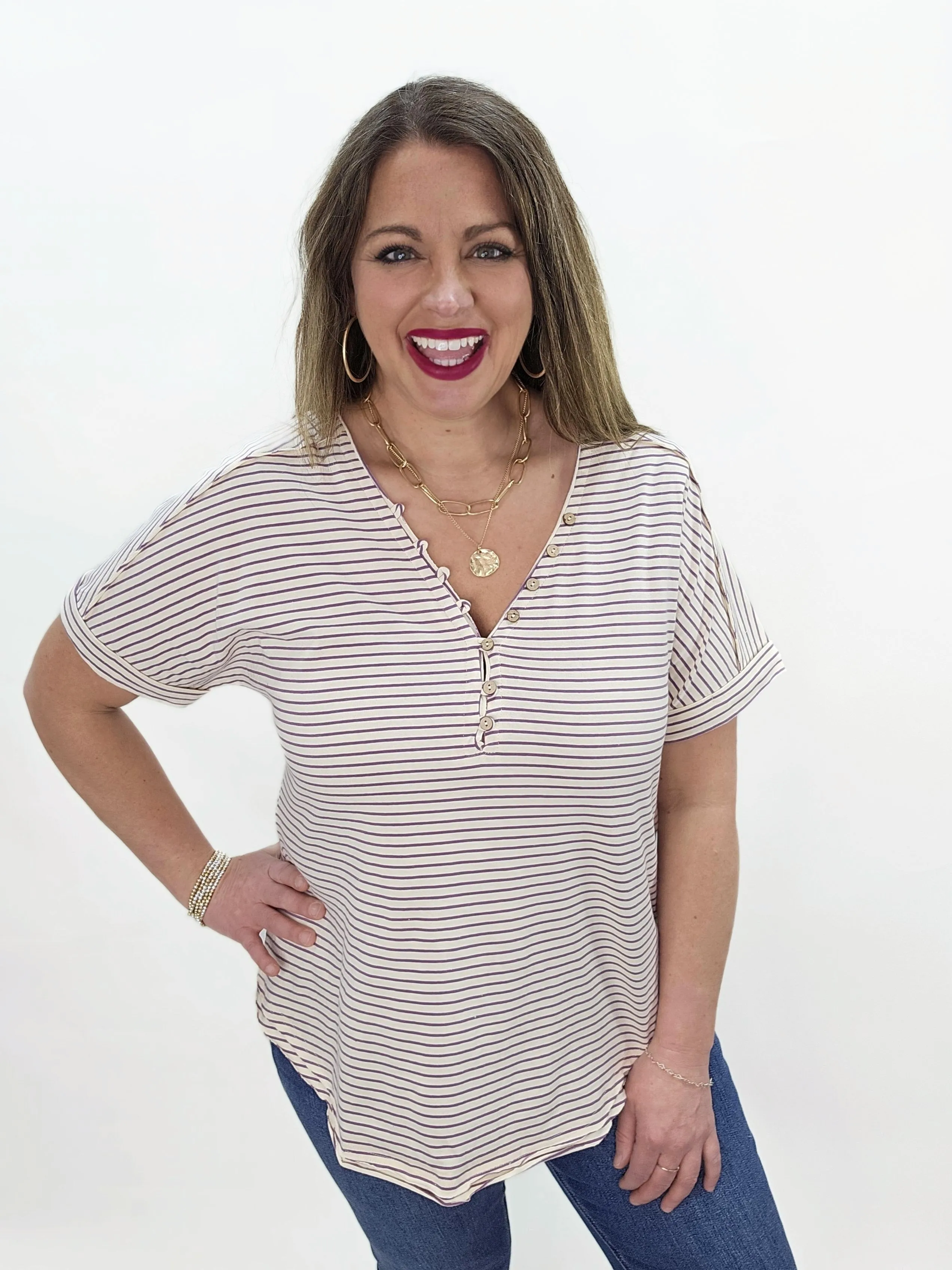 LAVENDER STRIPED V NECK BUTTON COTTON TOP