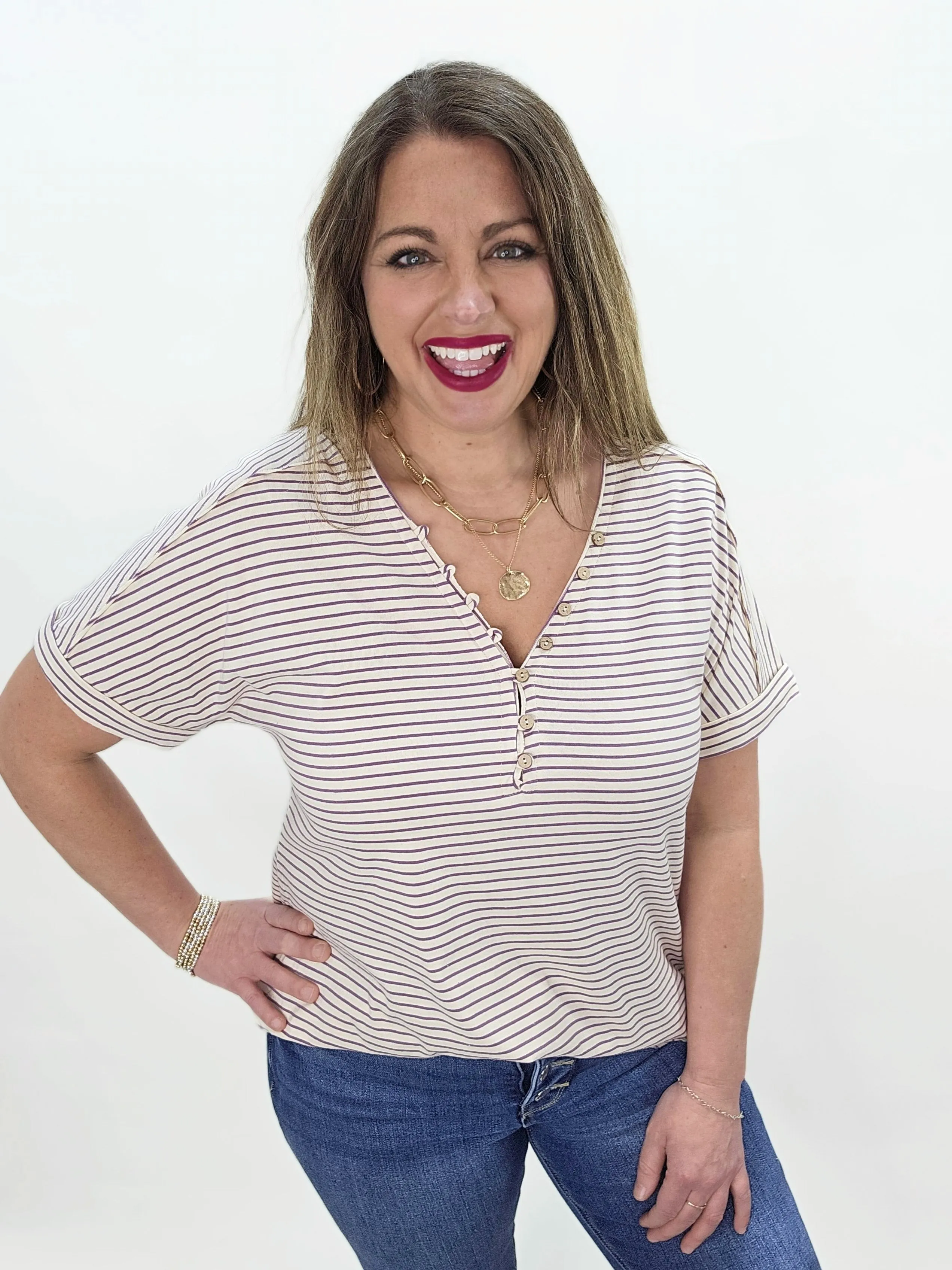 LAVENDER STRIPED V NECK BUTTON COTTON TOP