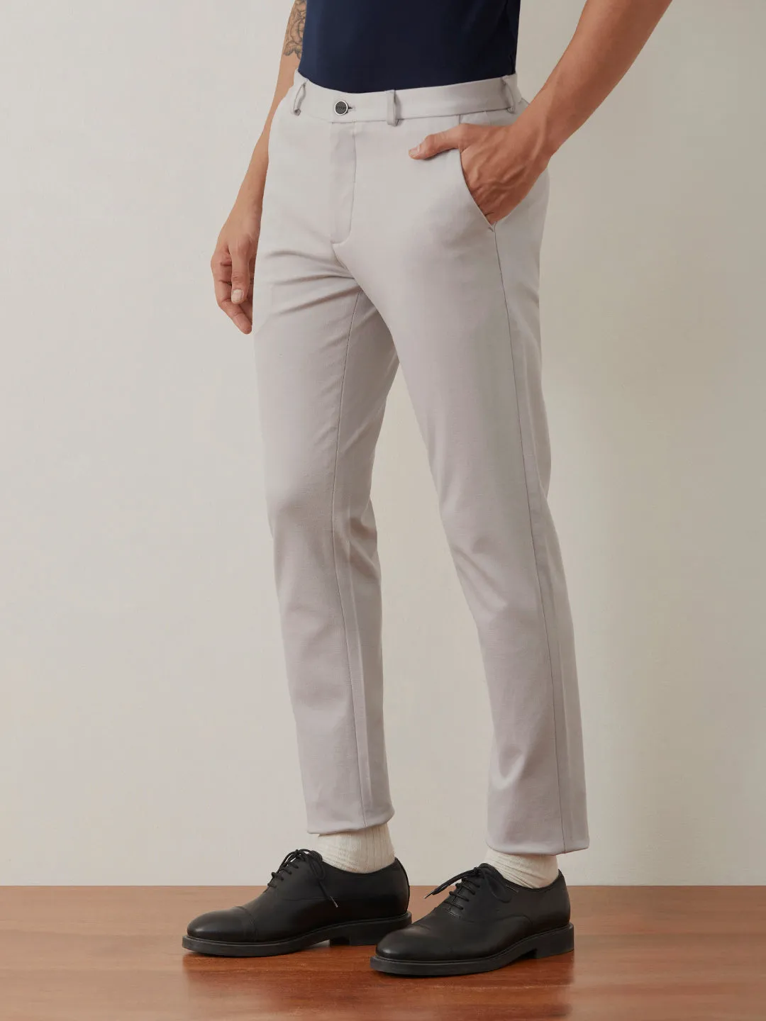 Light Grey Plain Bi-Stretch Trousers