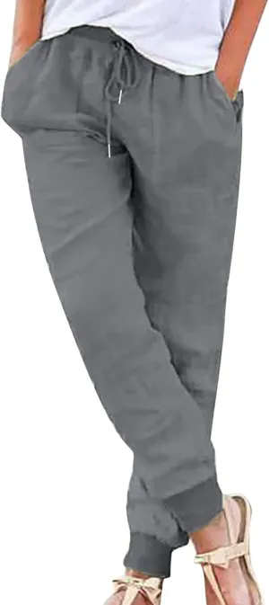 Linen Blend Pants for Women Plus Size Skinny Leg Trousers Elastic Waist Drawstring Pants Loose Fit Summer Pants