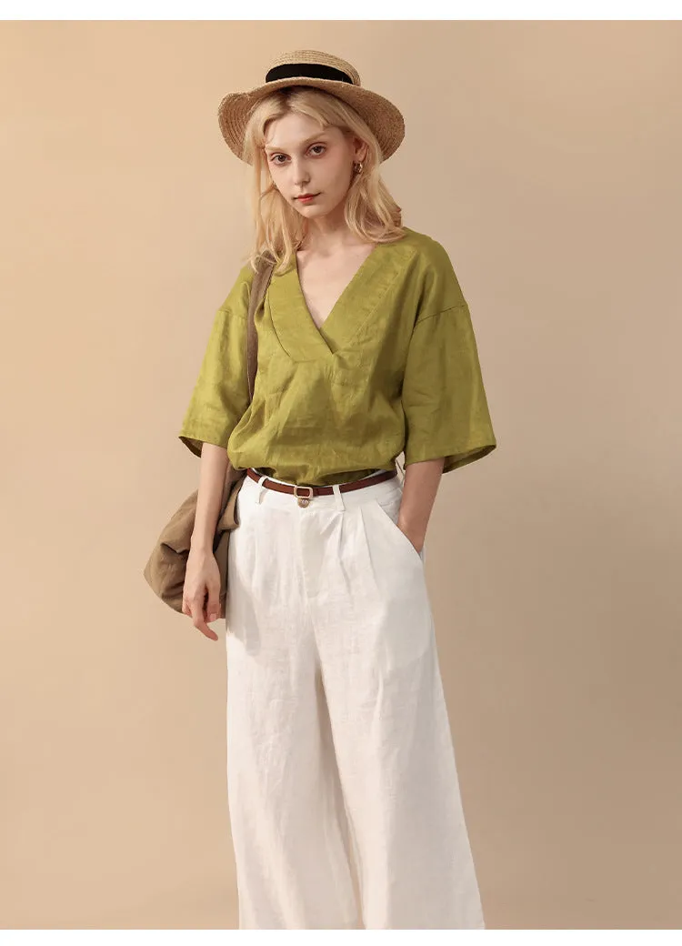 Linen blend straight leg trousers