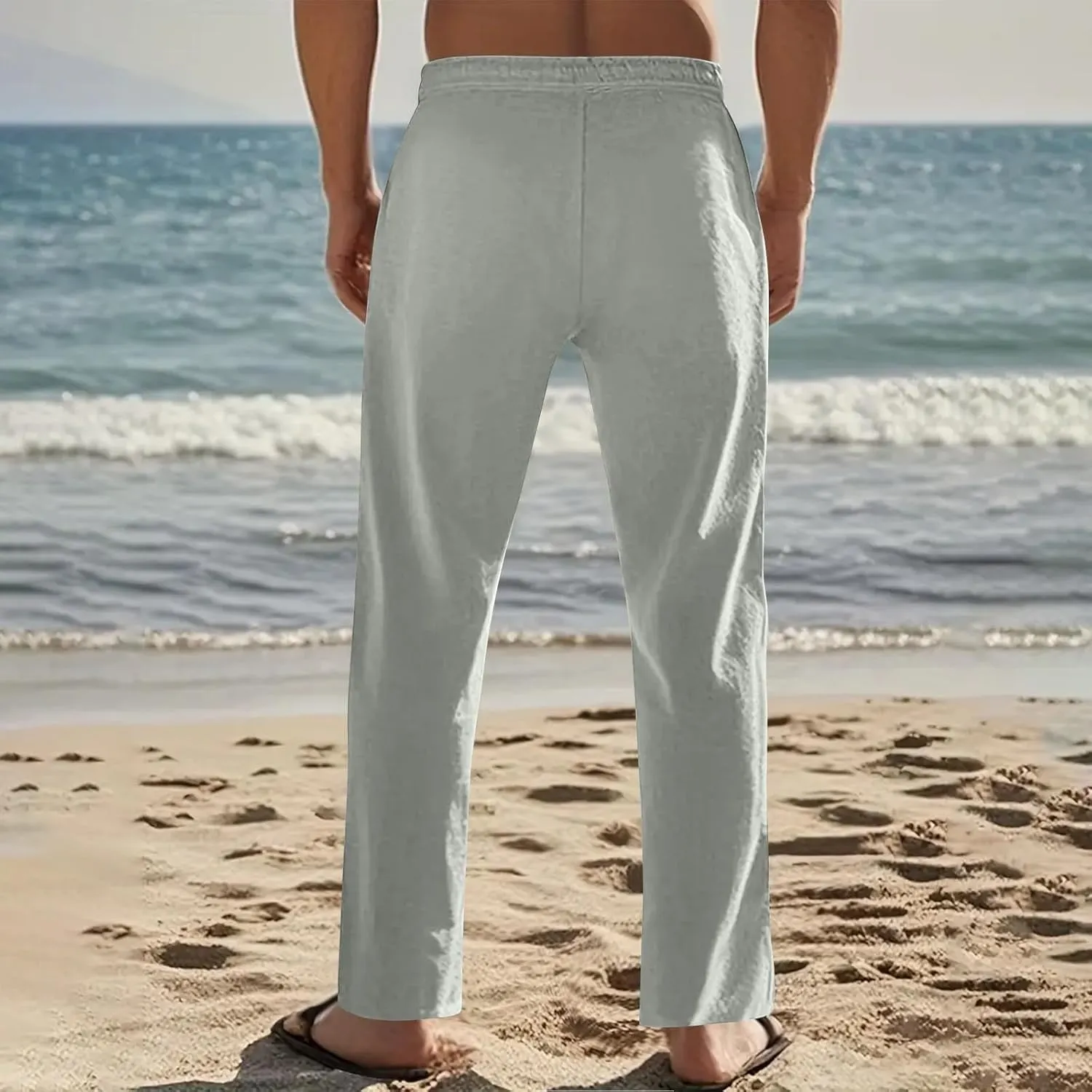 Linen Pants Men Casual Drawstring Loose Fit Beach Summer Pants with Pockets Lightweight Comfy Yoga Trousers