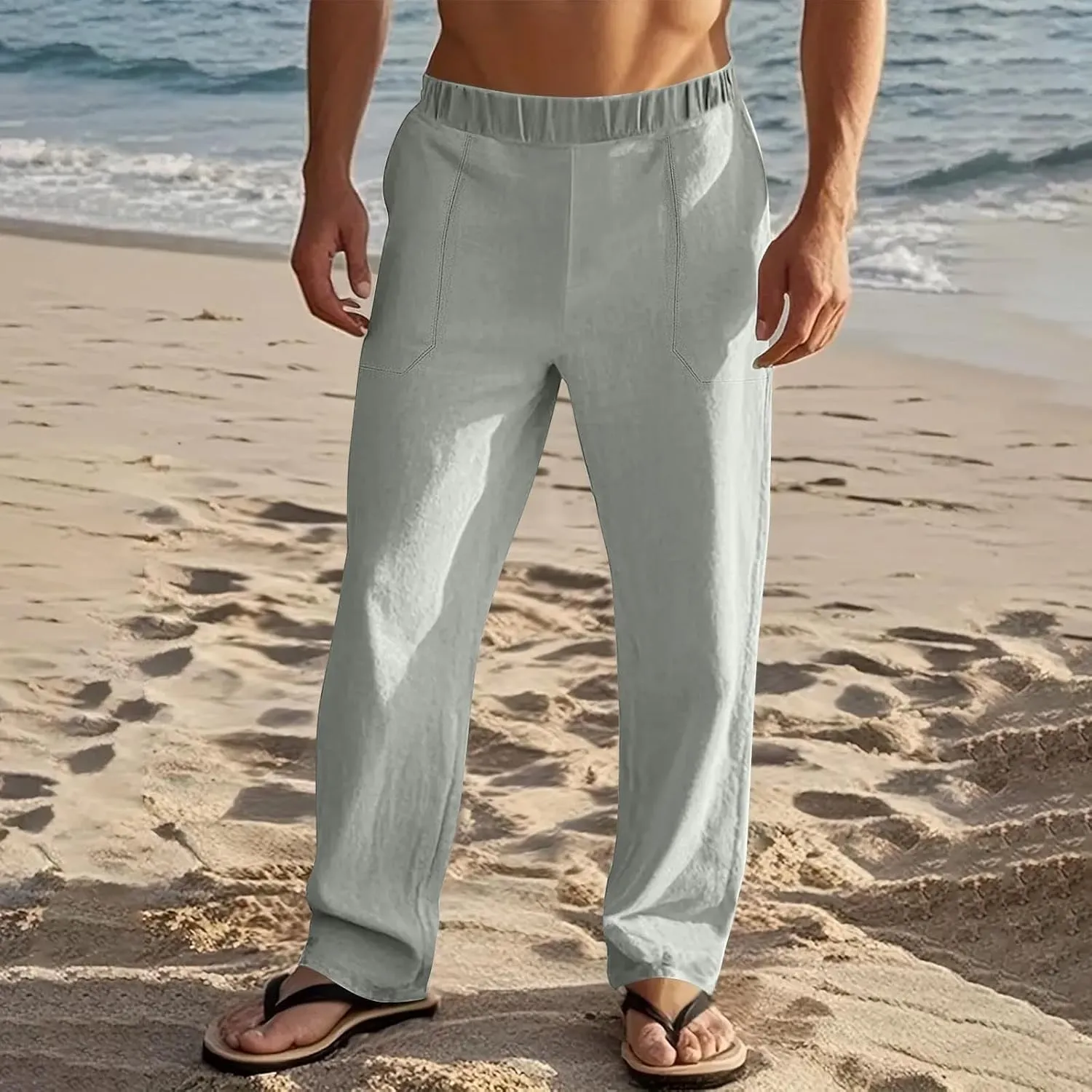 Linen Pants Men Casual Drawstring Loose Fit Beach Summer Pants with Pockets Lightweight Comfy Yoga Trousers