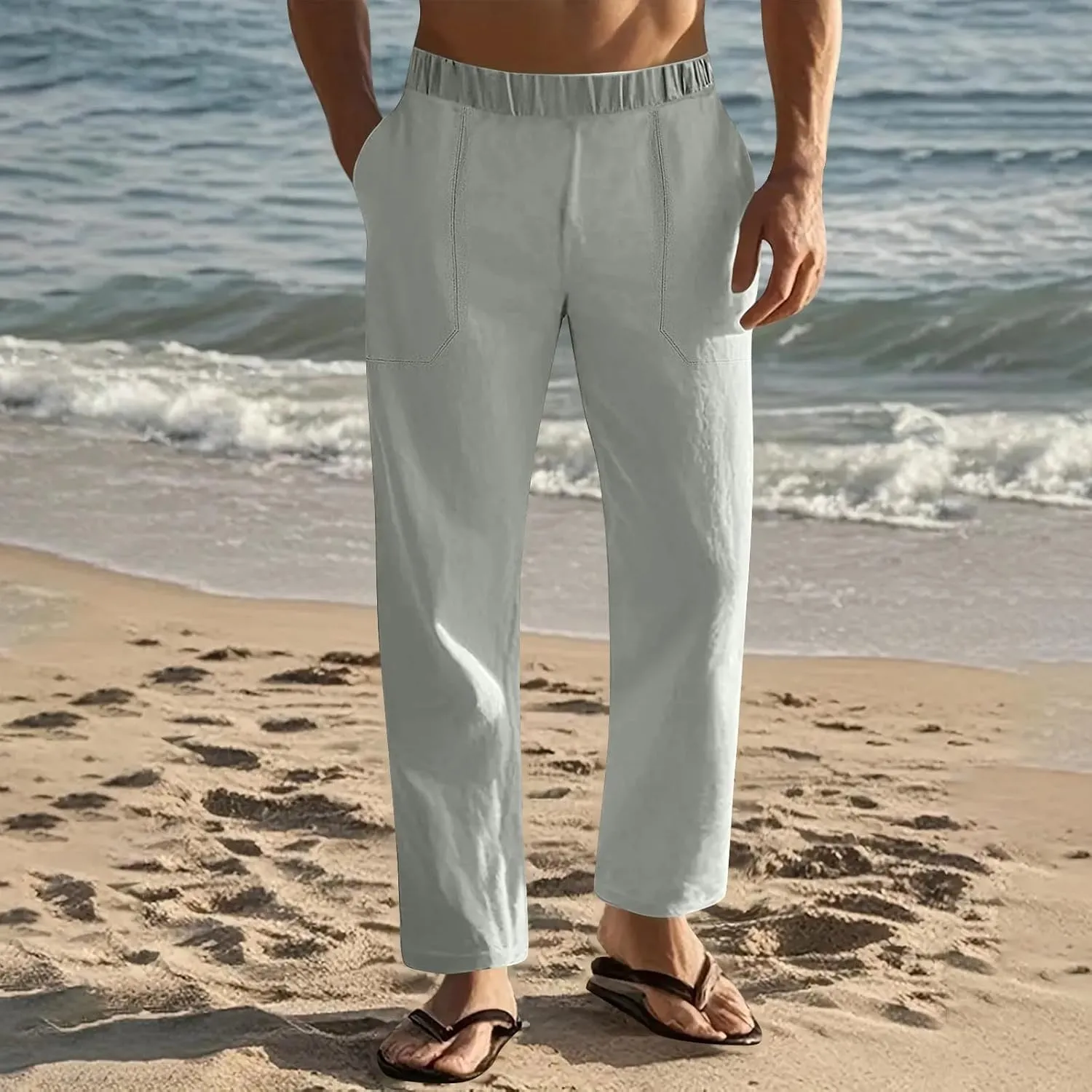 Linen Pants Men Casual Drawstring Loose Fit Beach Summer Pants with Pockets Lightweight Comfy Yoga Trousers