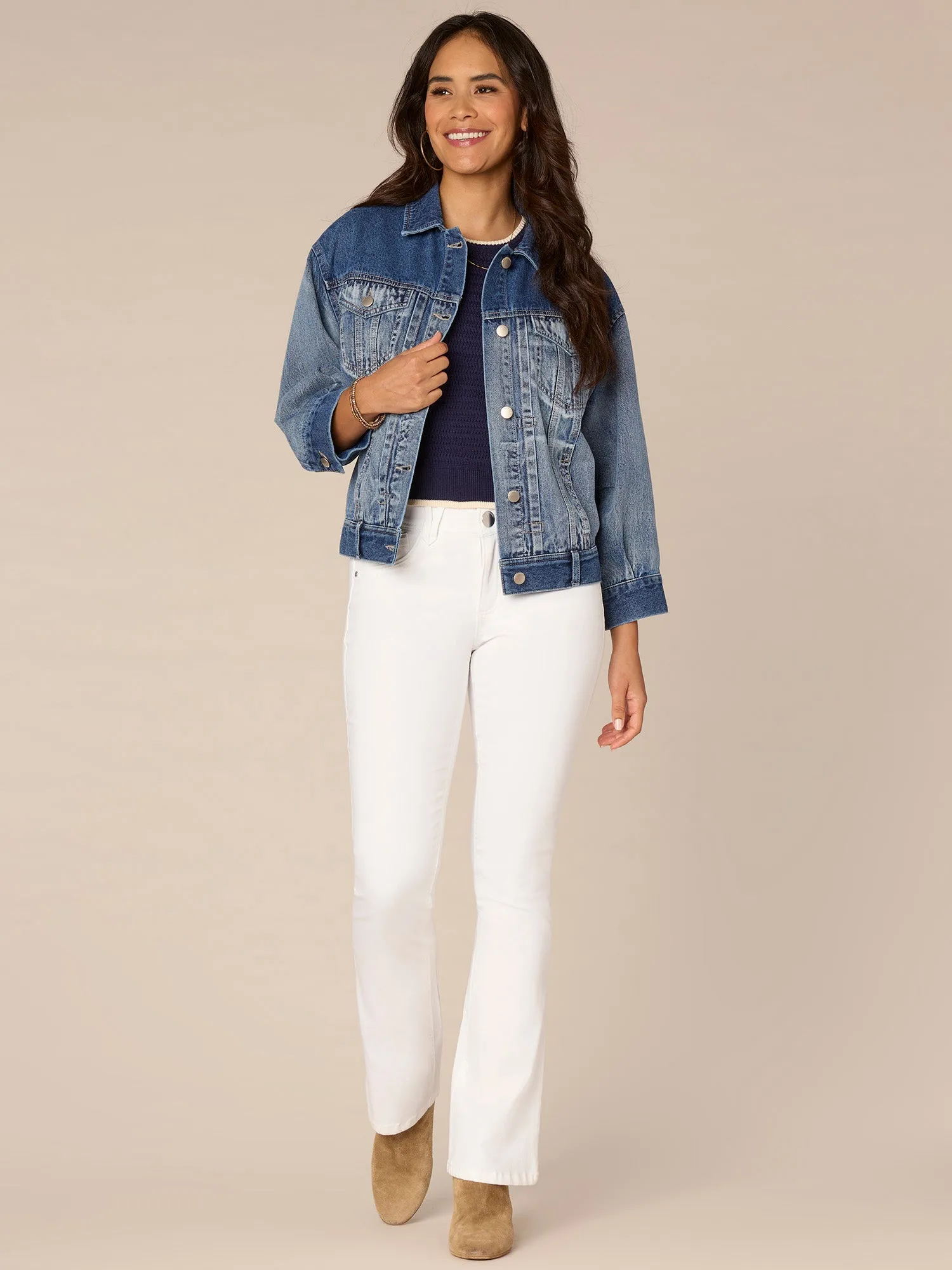 Long Barrel Sleeve Button Front Western Angle Pocket Denim Jacket