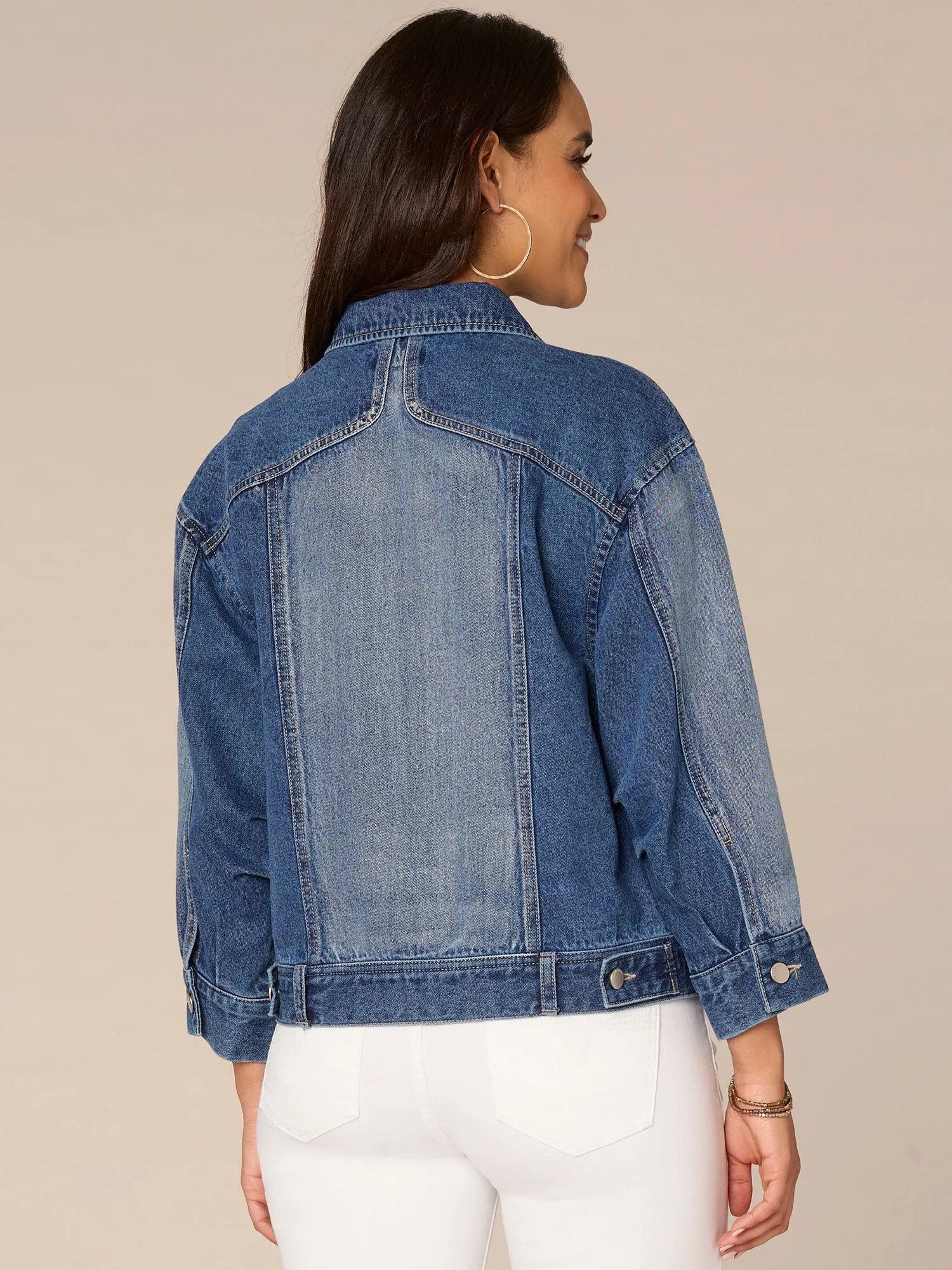 Long Barrel Sleeve Button Front Western Angle Pocket Denim Jacket
