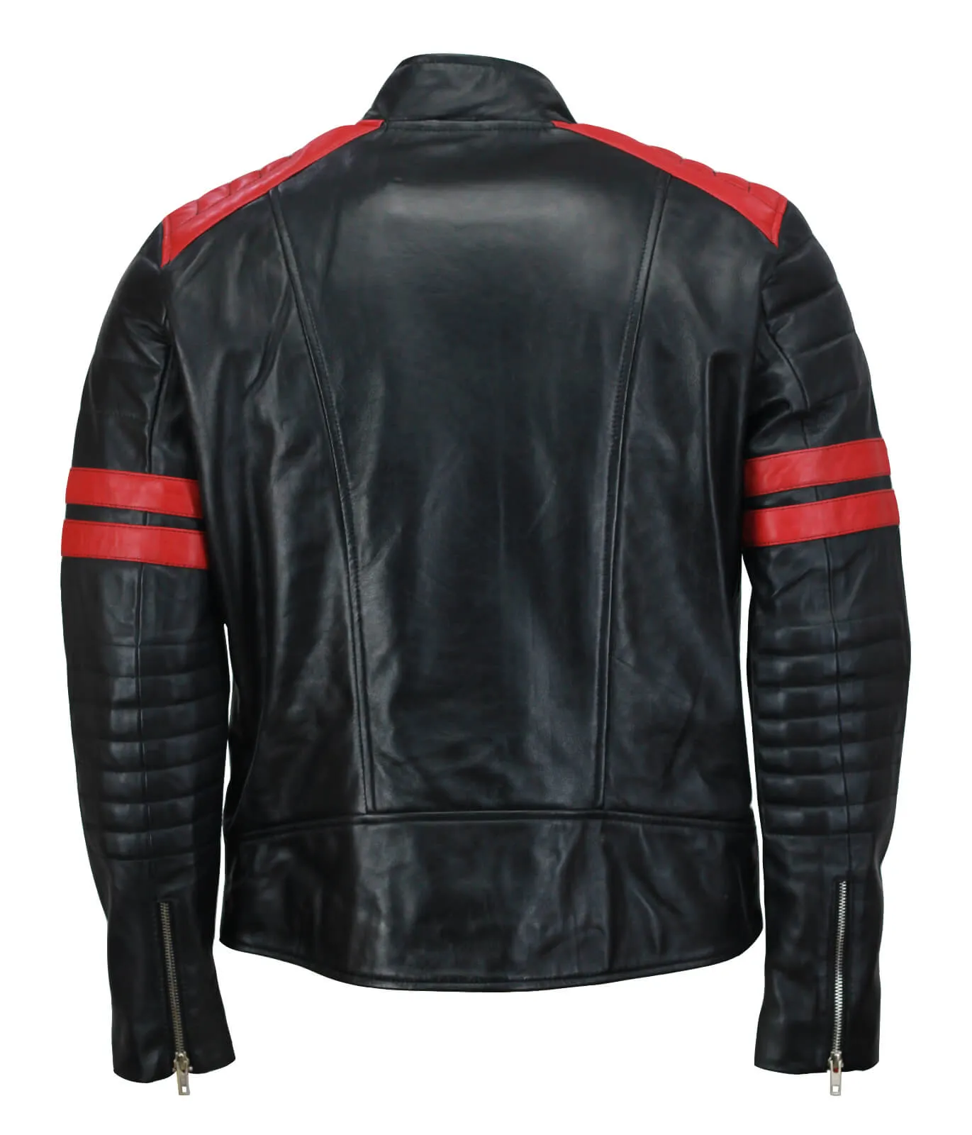 Men’s Black and Red Biker Leather Jacket with Striped Arms and Quilted Shoulders