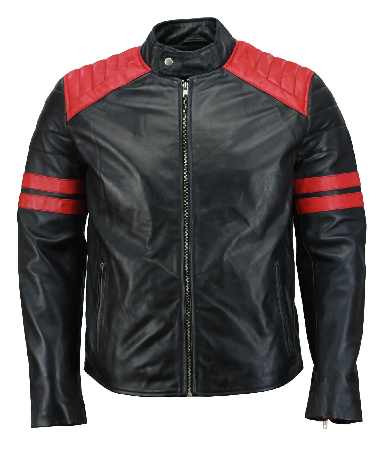 Men’s Black and Red Biker Leather Jacket with Striped Arms and Quilted Shoulders