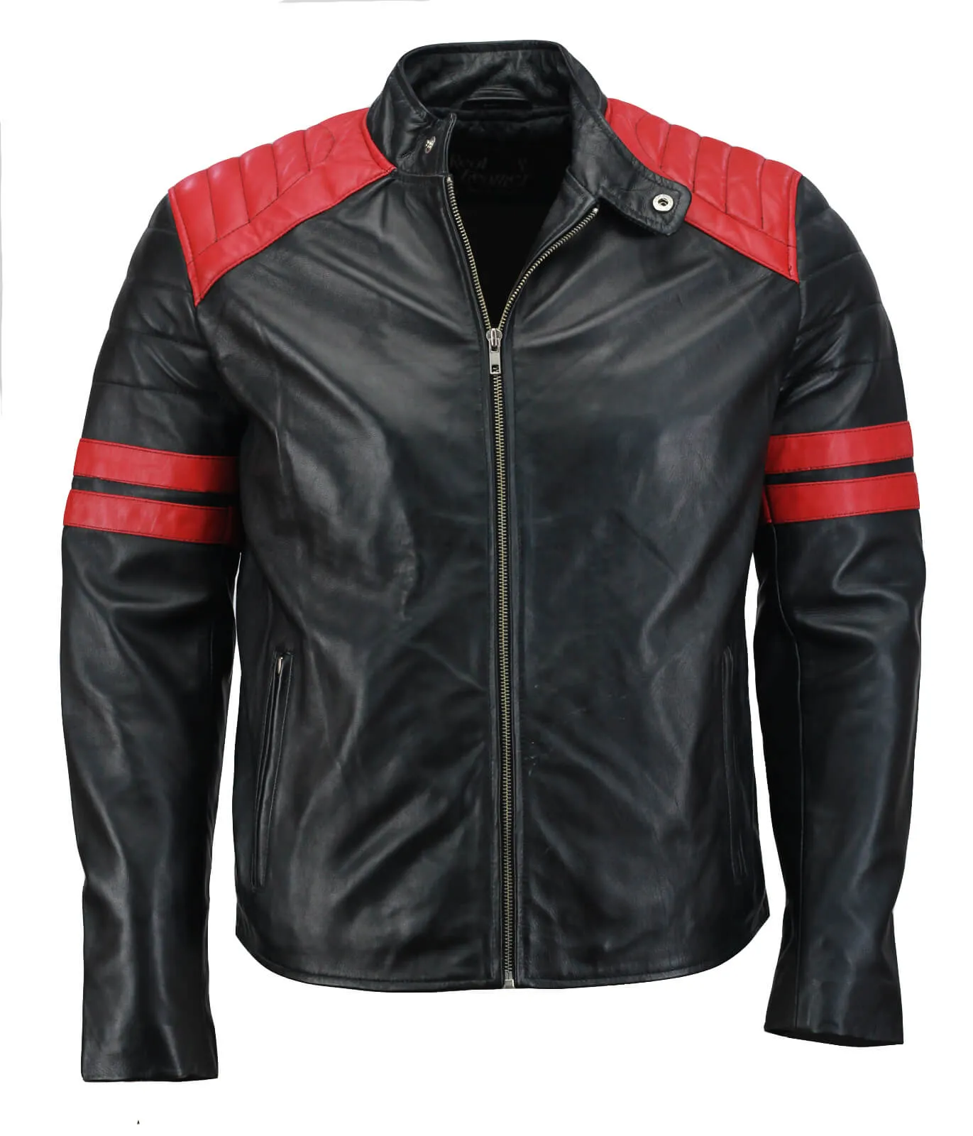 Men’s Black and Red Biker Leather Jacket with Striped Arms and Quilted Shoulders