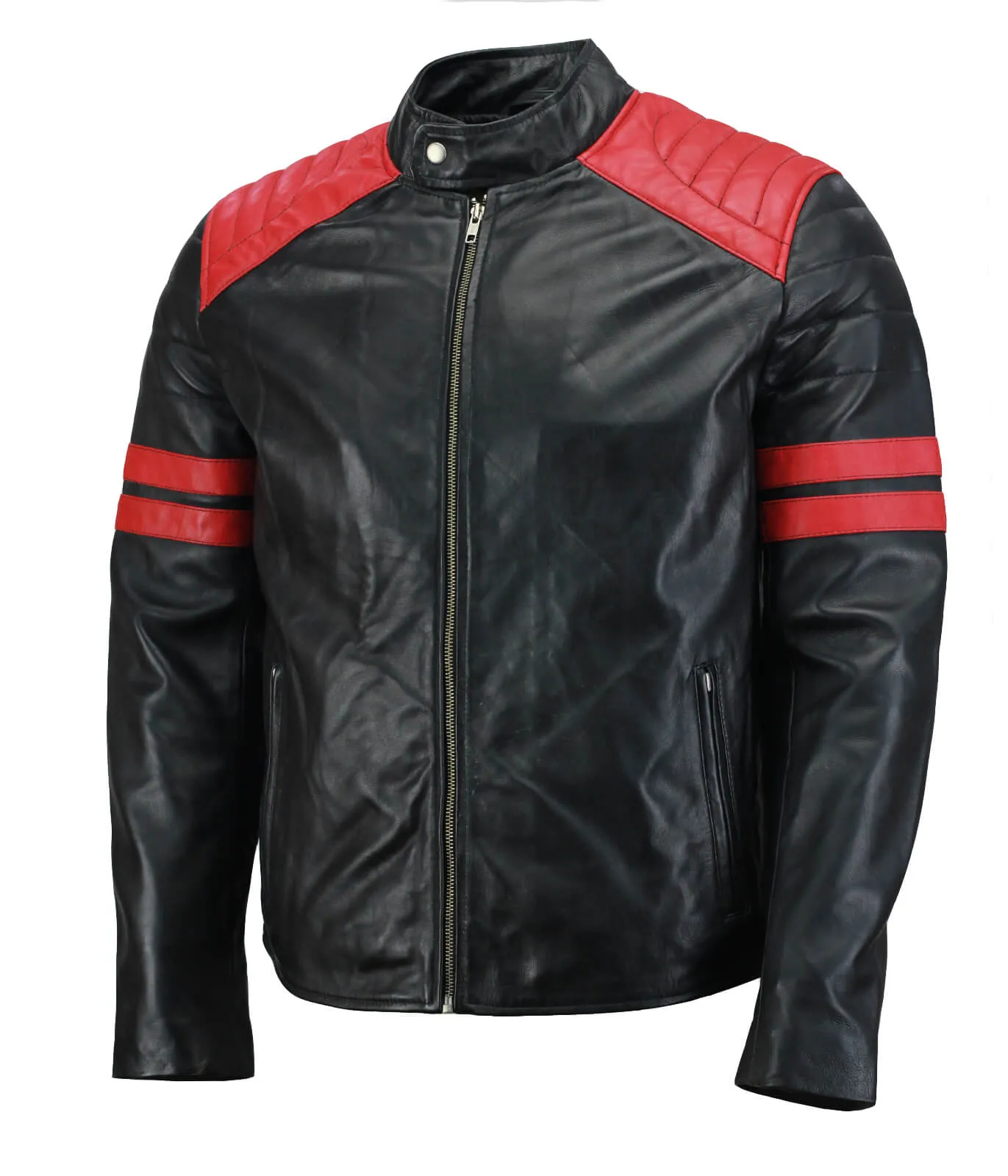 Men’s Black and Red Biker Leather Jacket with Striped Arms and Quilted Shoulders