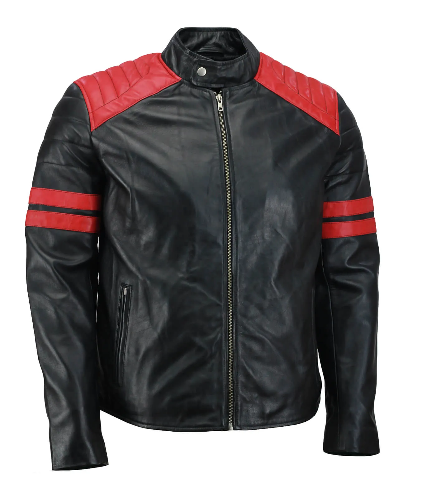 Men’s Black and Red Biker Leather Jacket with Striped Arms and Quilted Shoulders