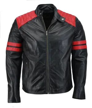 Men’s Black and Red Biker Leather Jacket with Striped Arms and Quilted Shoulders