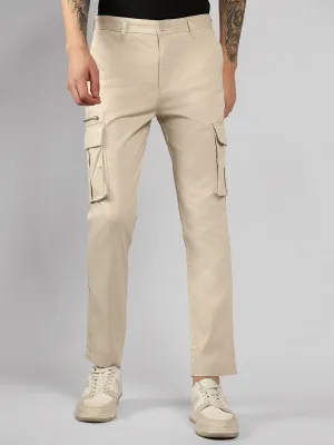 Men's Cream Solid Regular Fit Cargos