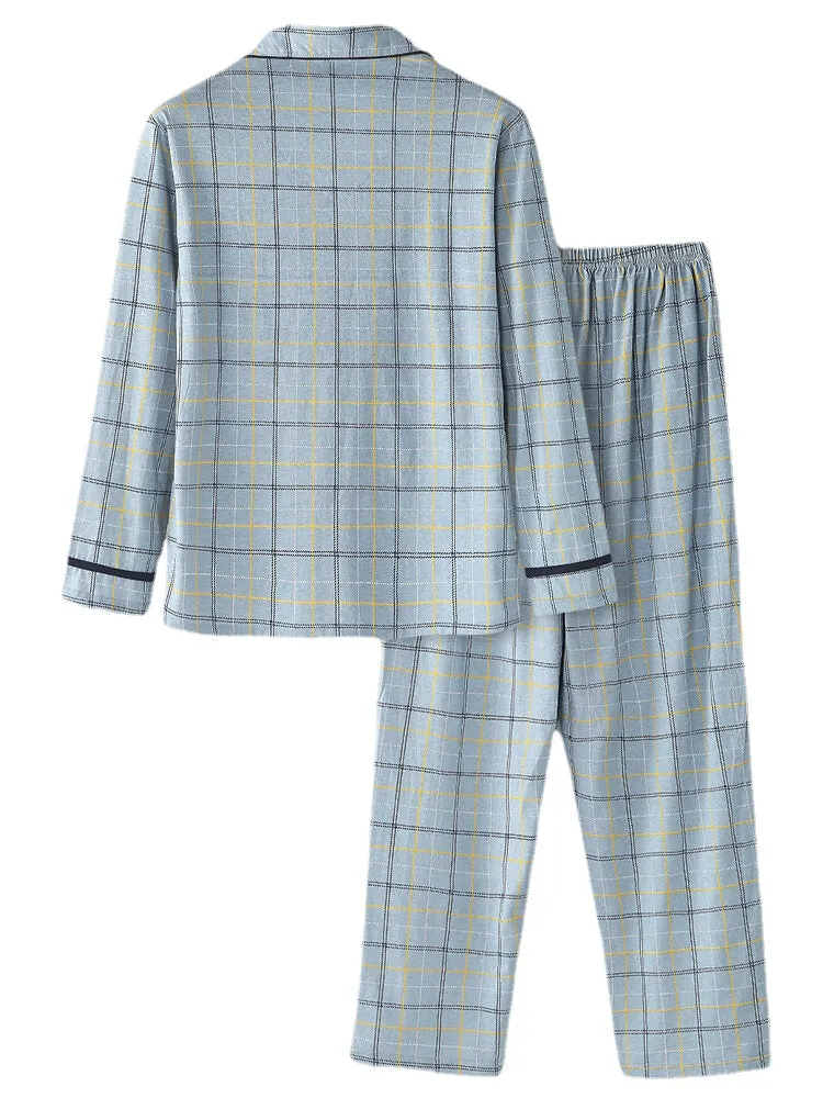 Men's Grid Letter Print Revere Collar Cotton Pajama Set with Pocket - Comfortable Sleepwear