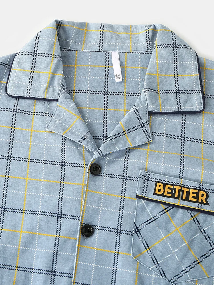 Men's Grid Letter Print Revere Collar Cotton Pajama Set with Pocket - Comfortable Sleepwear
