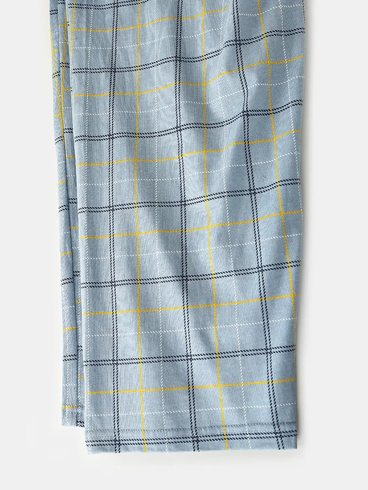 Men's Grid Letter Print Revere Collar Cotton Pajama Set with Pocket - Comfortable Sleepwear