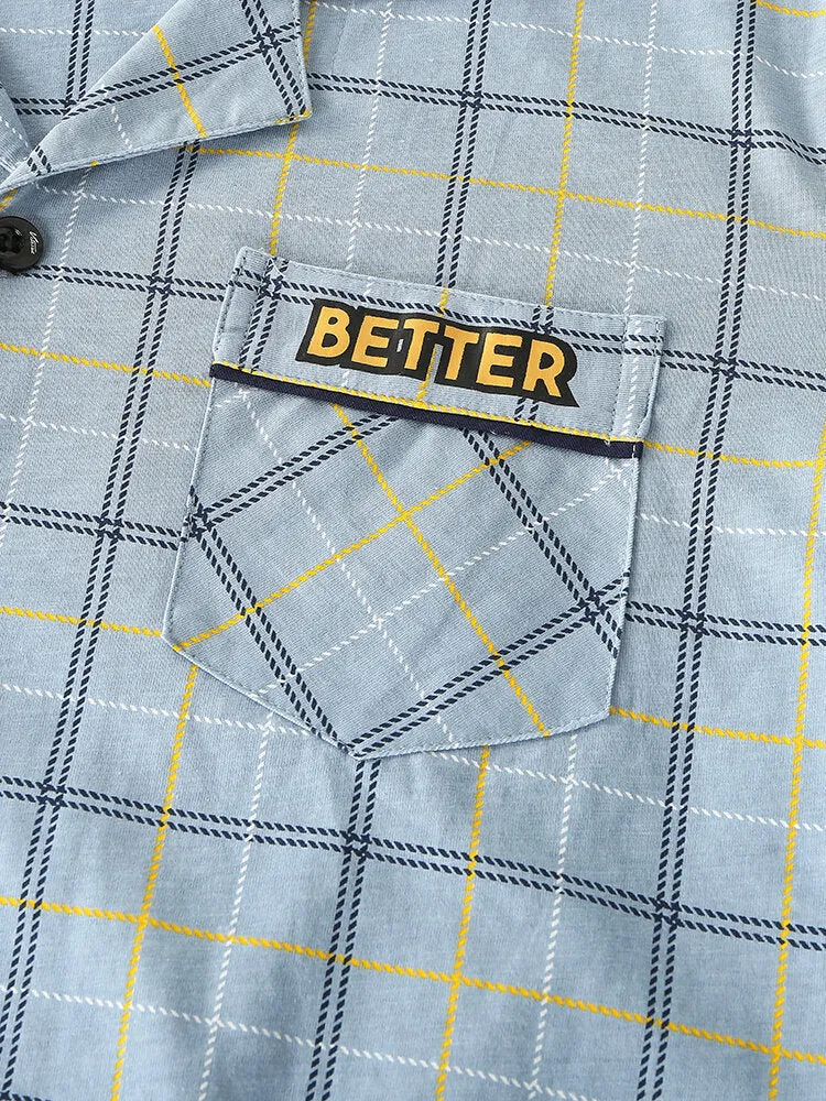 Men's Grid Letter Print Revere Collar Cotton Pajama Set with Pocket - Comfortable Sleepwear