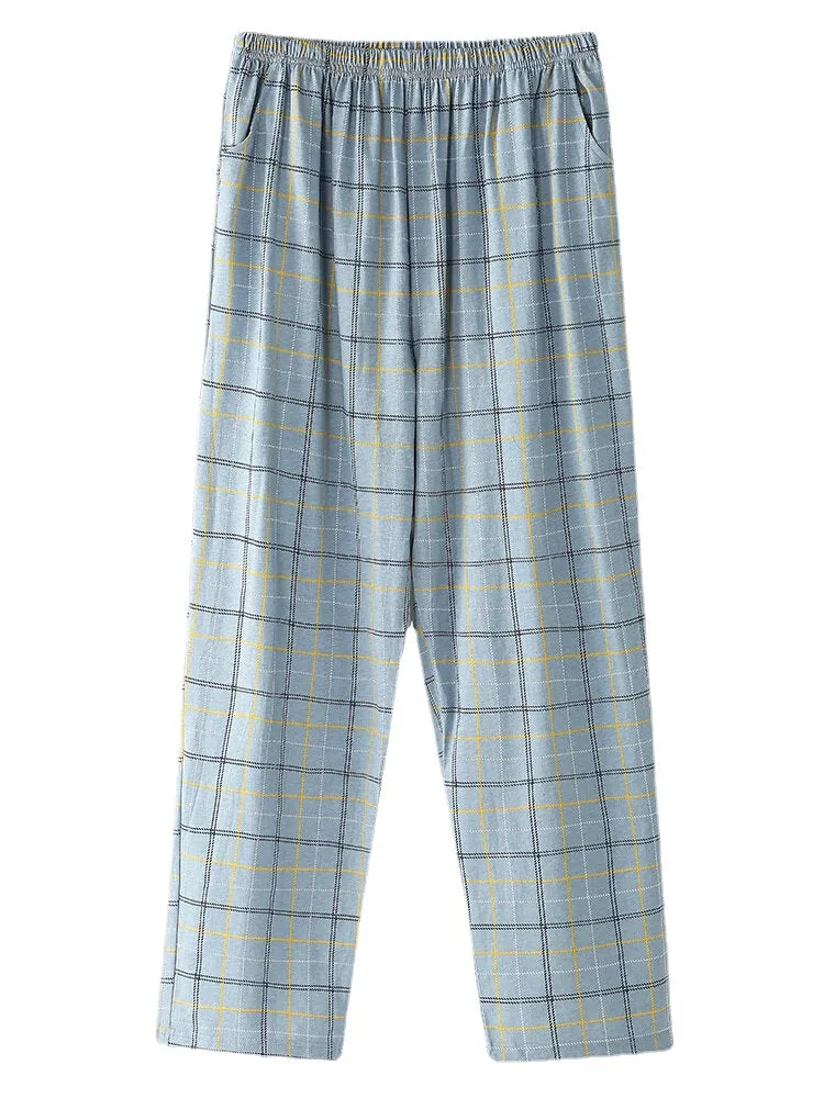 Men's Grid Letter Print Revere Collar Cotton Pajama Set with Pocket - Comfortable Sleepwear