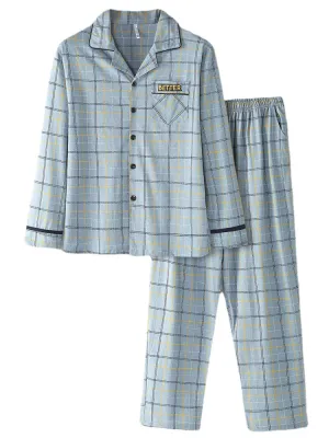 Men's Grid Letter Print Revere Collar Cotton Pajama Set with Pocket - Comfortable Sleepwear