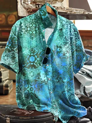 Men's Vintage Gradient Floral Art Print Short Sleeve Pocket Shirt