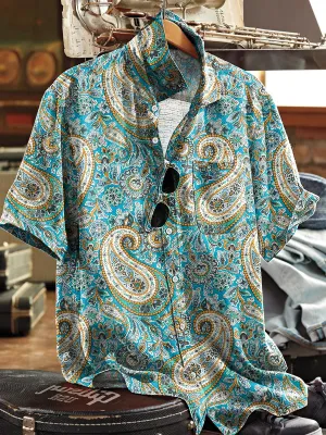 Men's Vintage Paisley Floral Art Print Short Sleeve Pocket Shirt
