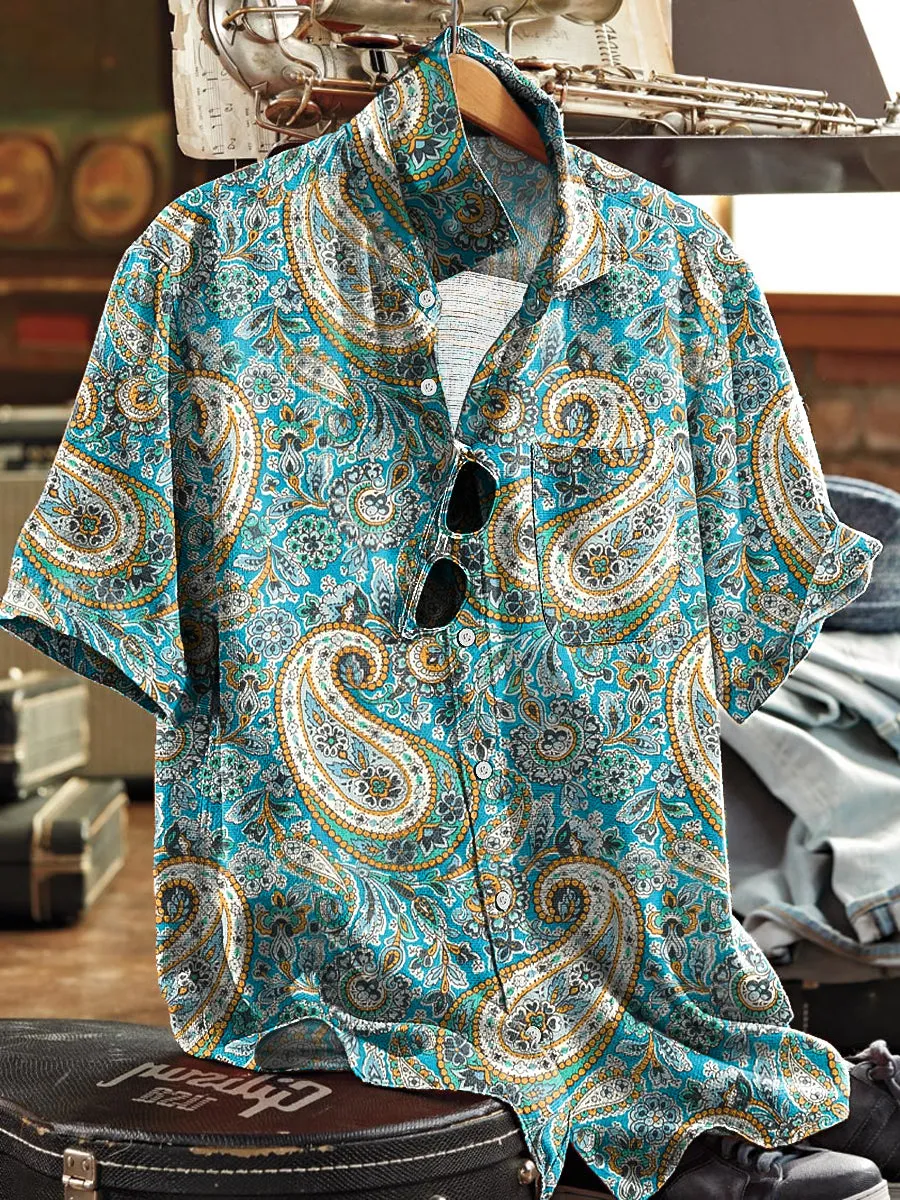 Men's Vintage Paisley Floral Art Print Short Sleeve Pocket Shirt