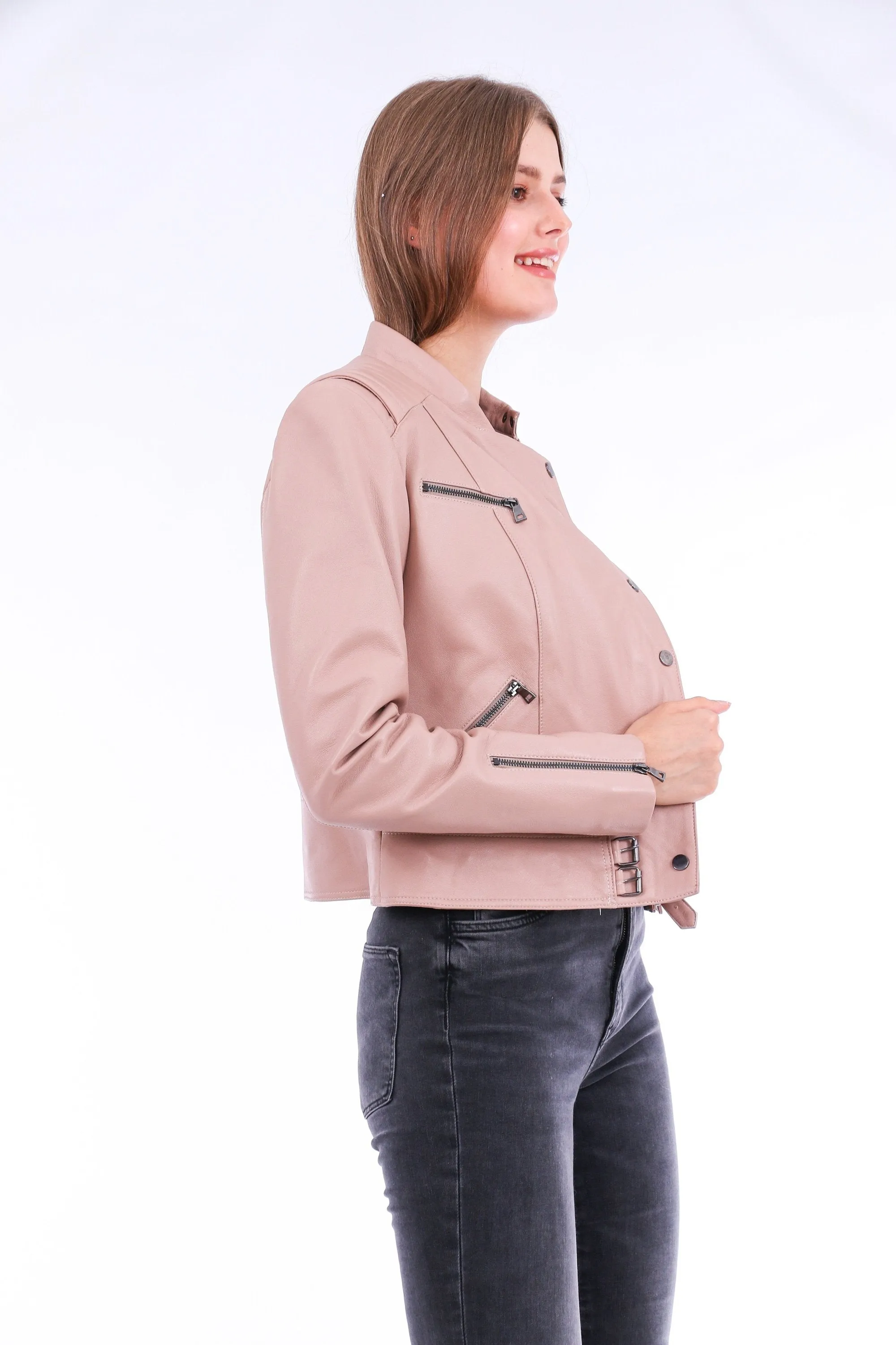 Minimalist Soft Leather Pink Biker Jacket