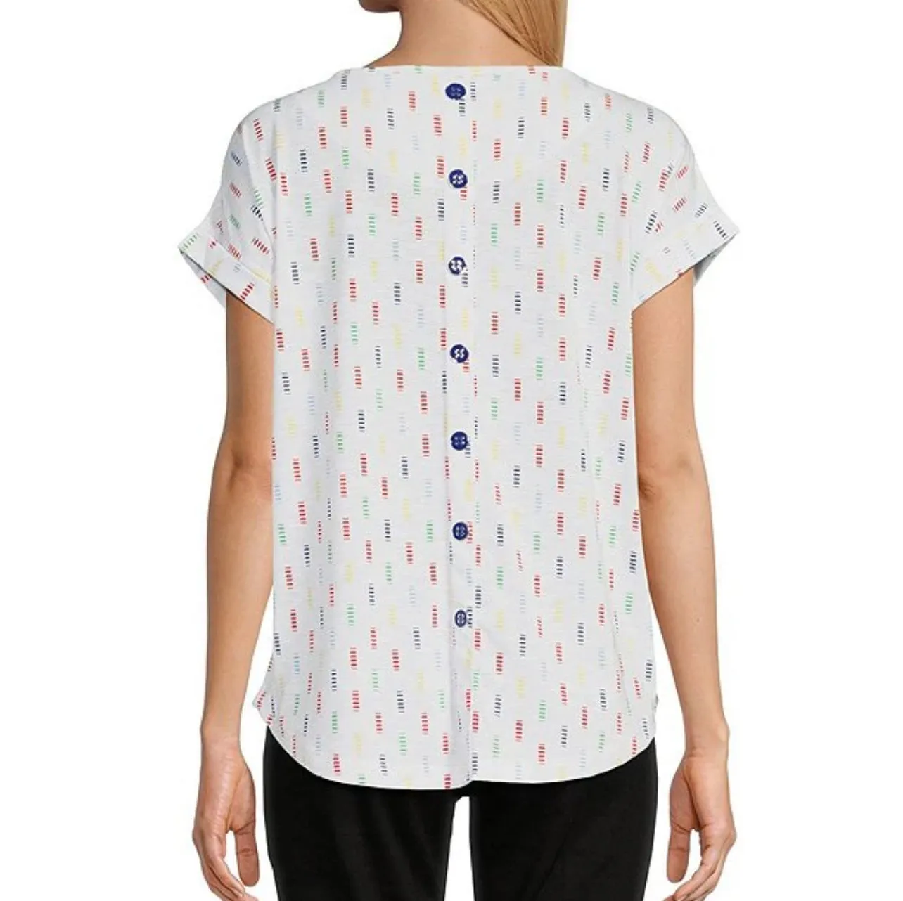 Multiples: Cuffed Short Sleeve Dolman Faux Button Back Hi-Lo Print Slub Knit Top in Multi Stripe  M24104TM