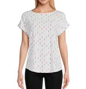 Multiples: Cuffed Short Sleeve Dolman Faux Button Back Hi-Lo Print Slub Knit Top in Multi Stripe  M24104TM