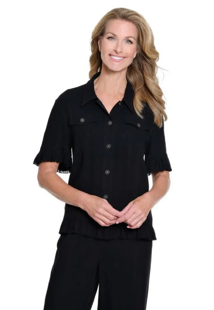 Multiples: (Red Hot) Ruffle Sleeve Hem Solid Slub Woven in Black M25705JM