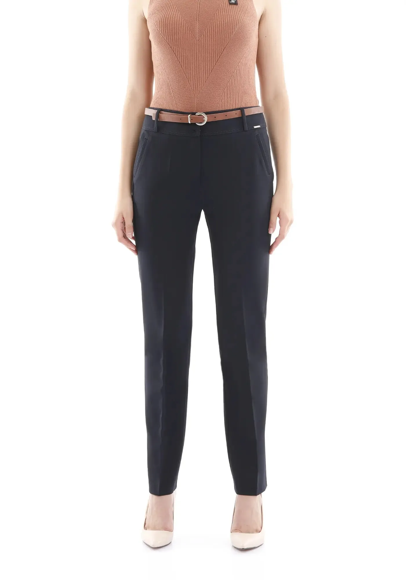 Navy Straight Leg Pants with Pockets and Belt