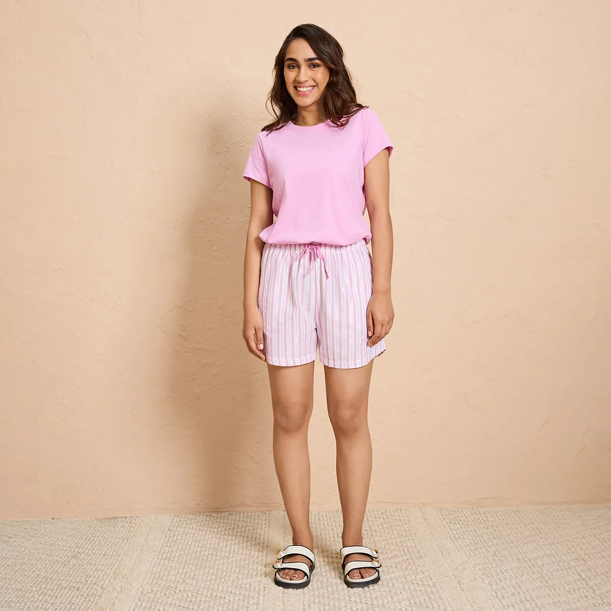 Nykd By Nykaa Essential Cotton Shorts Coord Set With Crew Neck Cotton Knit Tee Nys942 Pink