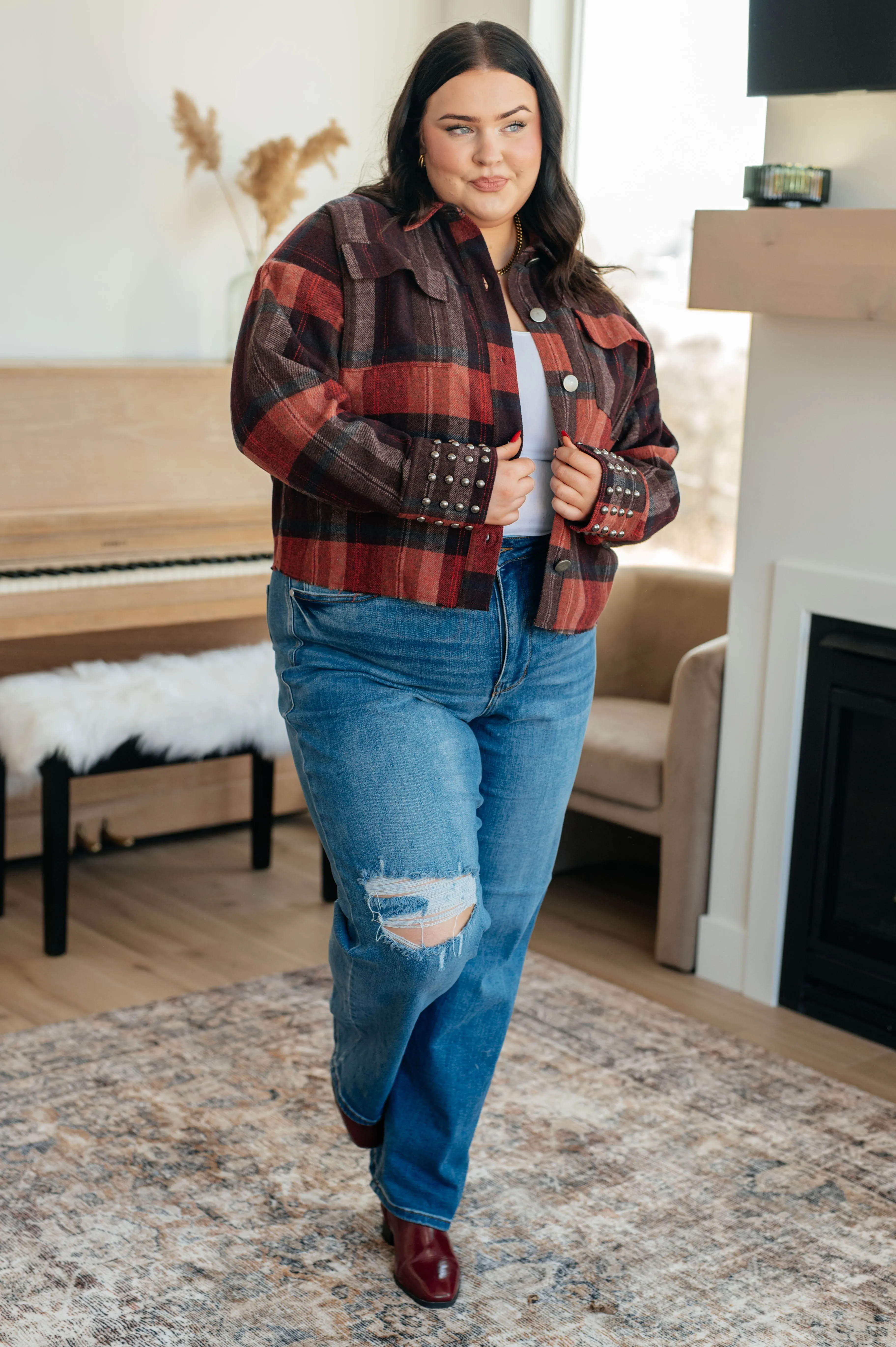 On My Game Studded Cropped Plaid Jacket (Small to 3XL)