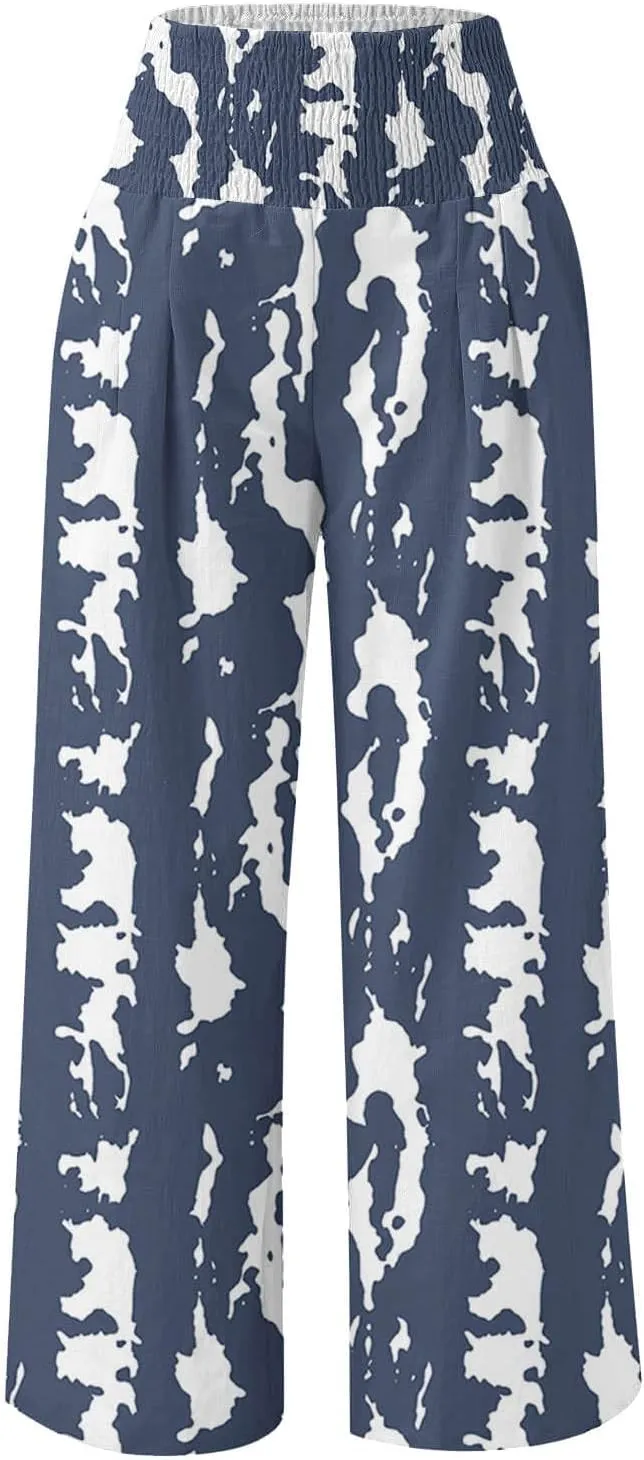 Palazzo Cotton Linen Pants Women Novelty Graphic Elastic High Waist Straight Leg Trousers Summer Casual Beach Pant
