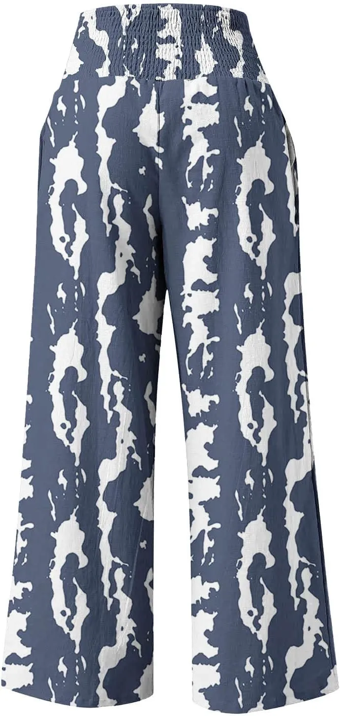 Palazzo Cotton Linen Pants Women Novelty Graphic Elastic High Waist Straight Leg Trousers Summer Casual Beach Pant