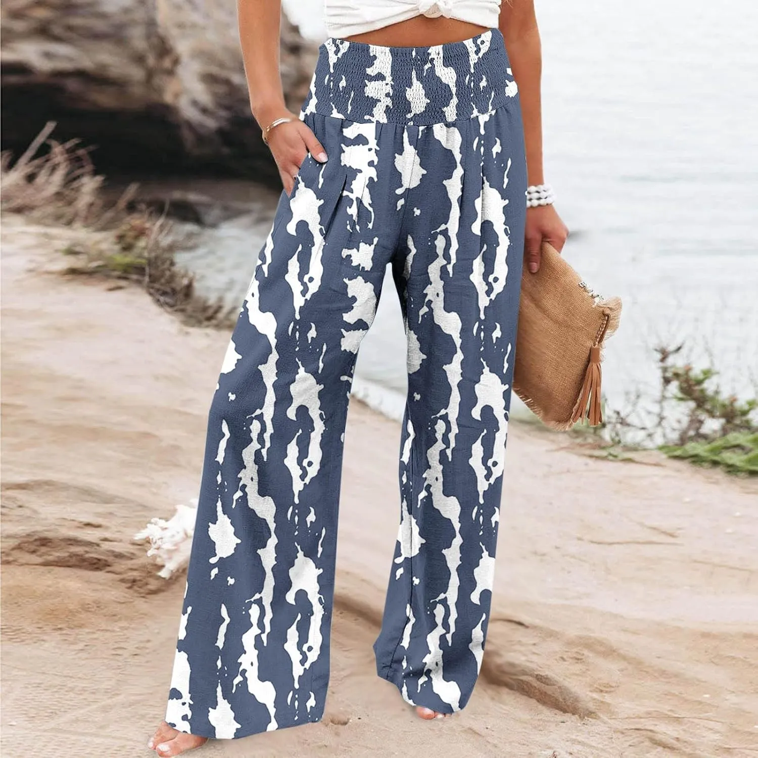 Palazzo Cotton Linen Pants Women Novelty Graphic Elastic High Waist Straight Leg Trousers Summer Casual Beach Pant