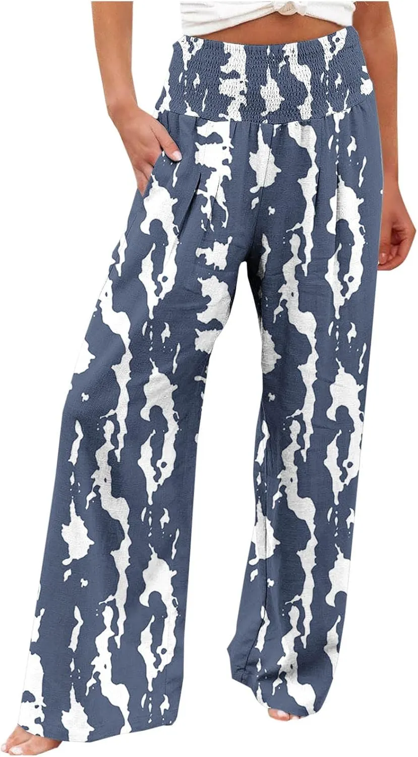 Palazzo Cotton Linen Pants Women Novelty Graphic Elastic High Waist Straight Leg Trousers Summer Casual Beach Pant