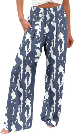 Palazzo Cotton Linen Pants Women Novelty Graphic Elastic High Waist Straight Leg Trousers Summer Casual Beach Pant