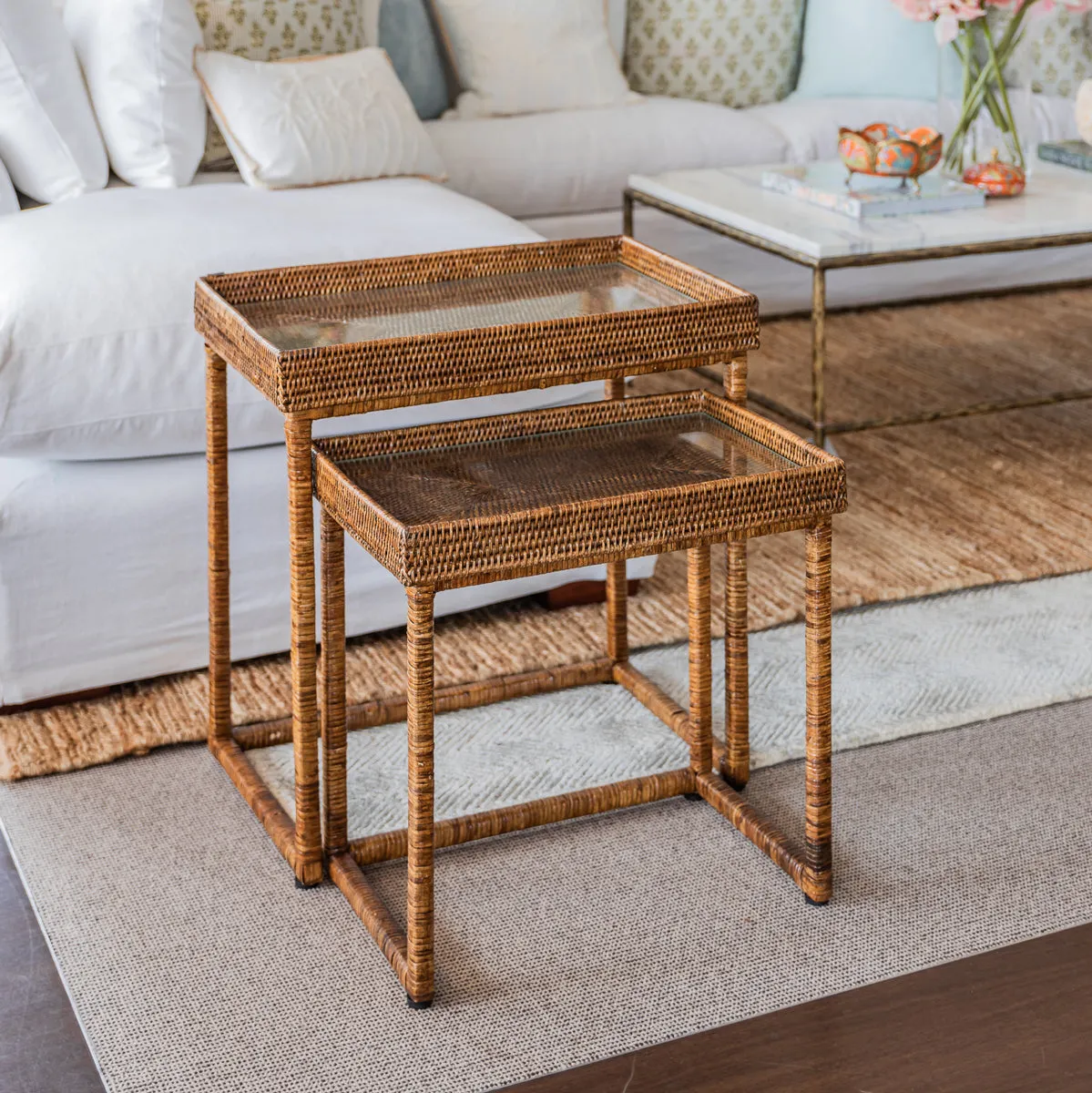 Rattan Nesting Side Tables (Set of 2, Brown)
