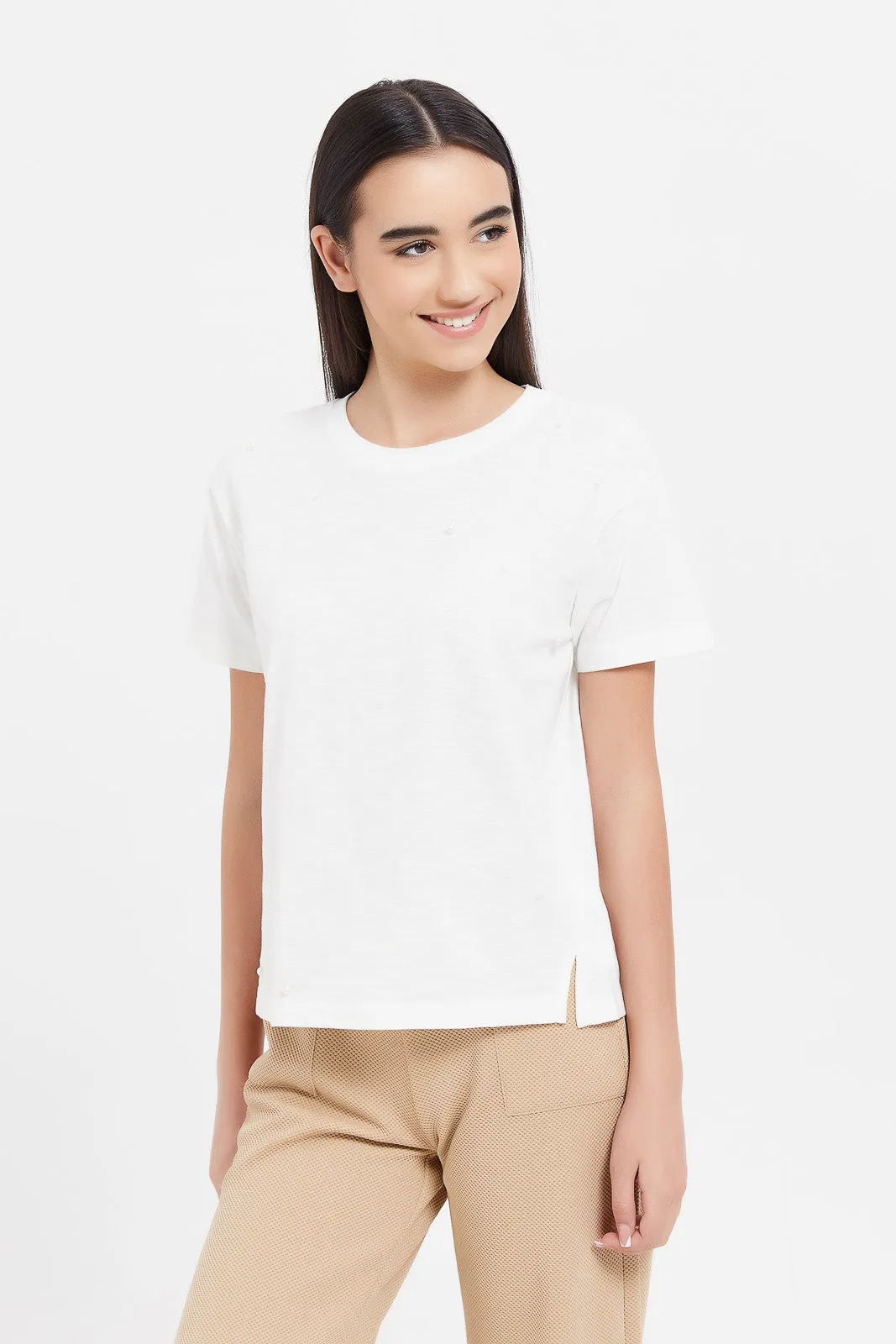 Senior Girls White Tops With Pearls
